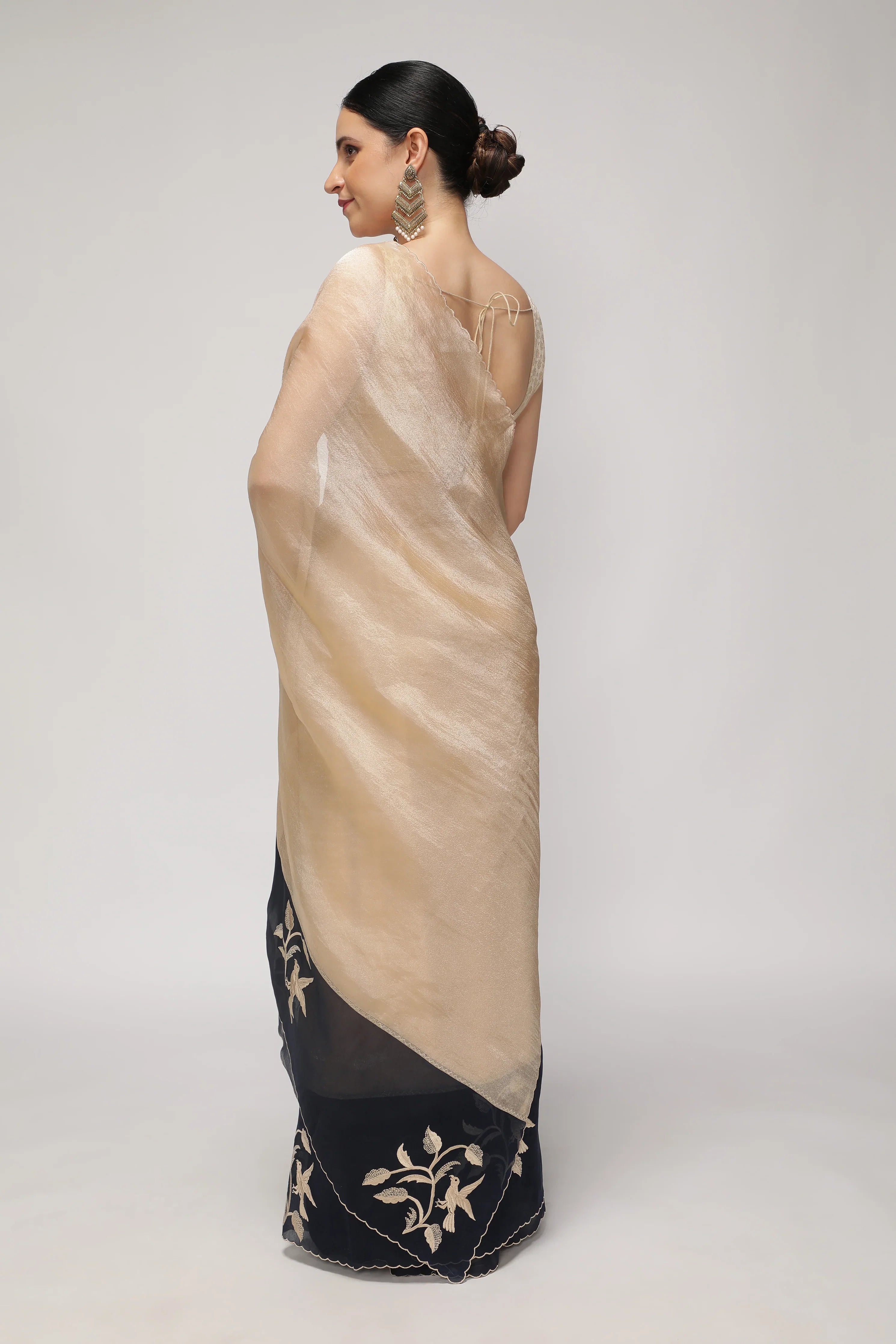 Ivory Tissue Saree with Contrast Blue Kora Thread Work Border - Mokshaa