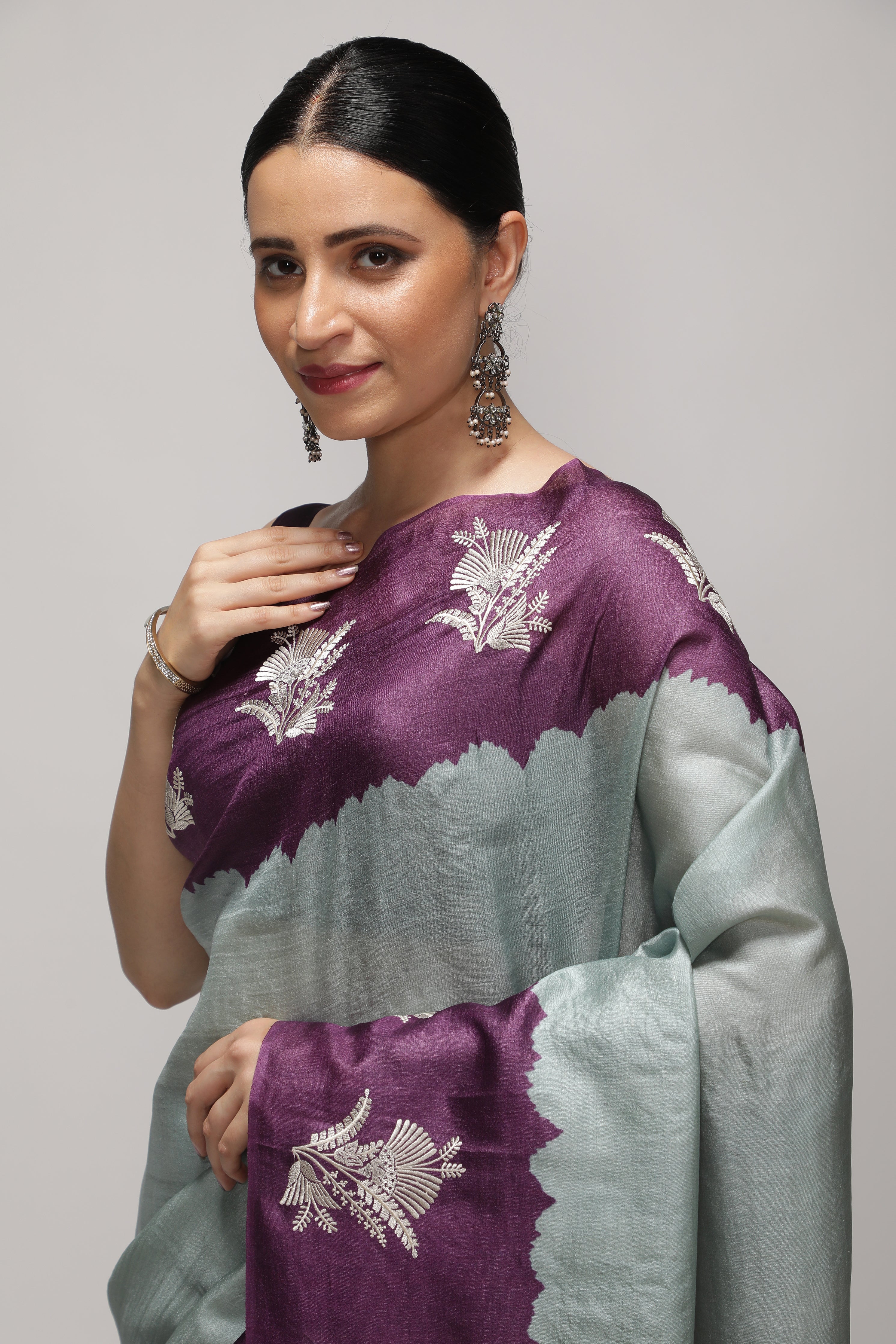 Powder Blue Tussar Saree with Purple Bandhani Print & Contrast Thread Embroidery Border