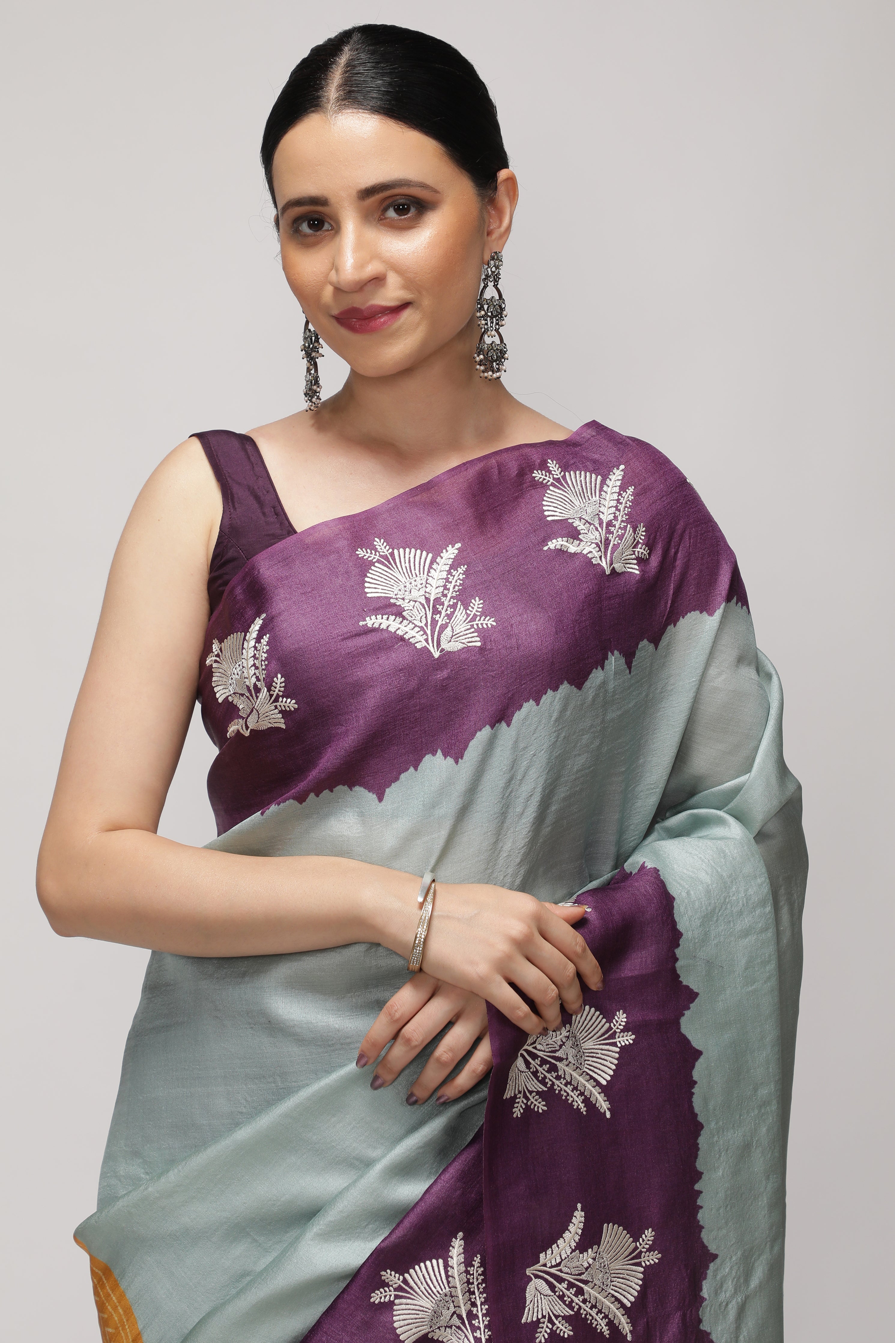 Powder Blue Tussar Saree with Purple Bandhani Print & Contrast Thread Embroidery Border