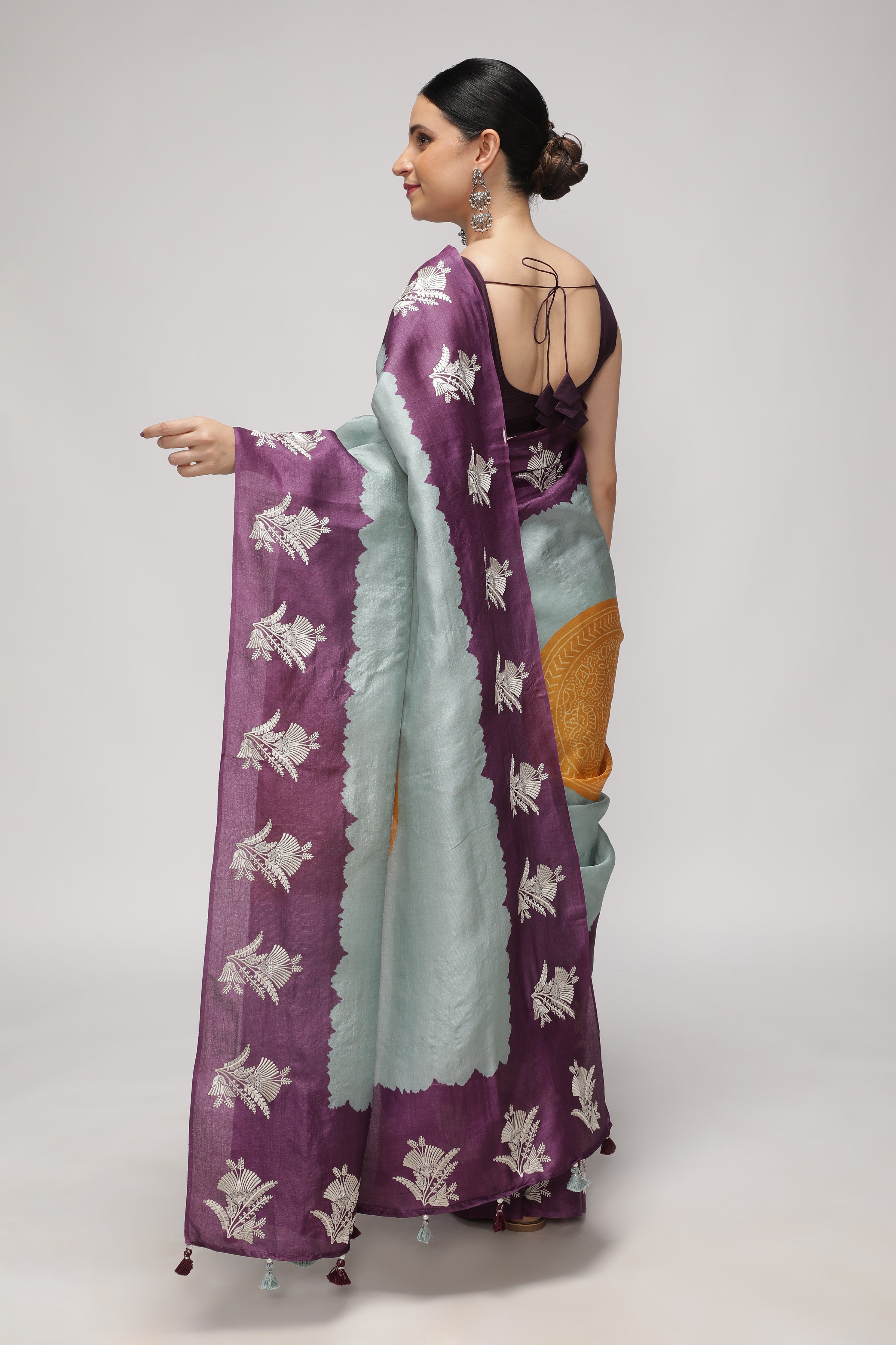 Powder Blue Tussar Saree with Purple Bandhani Print & Contrast Thread Embroidery Border