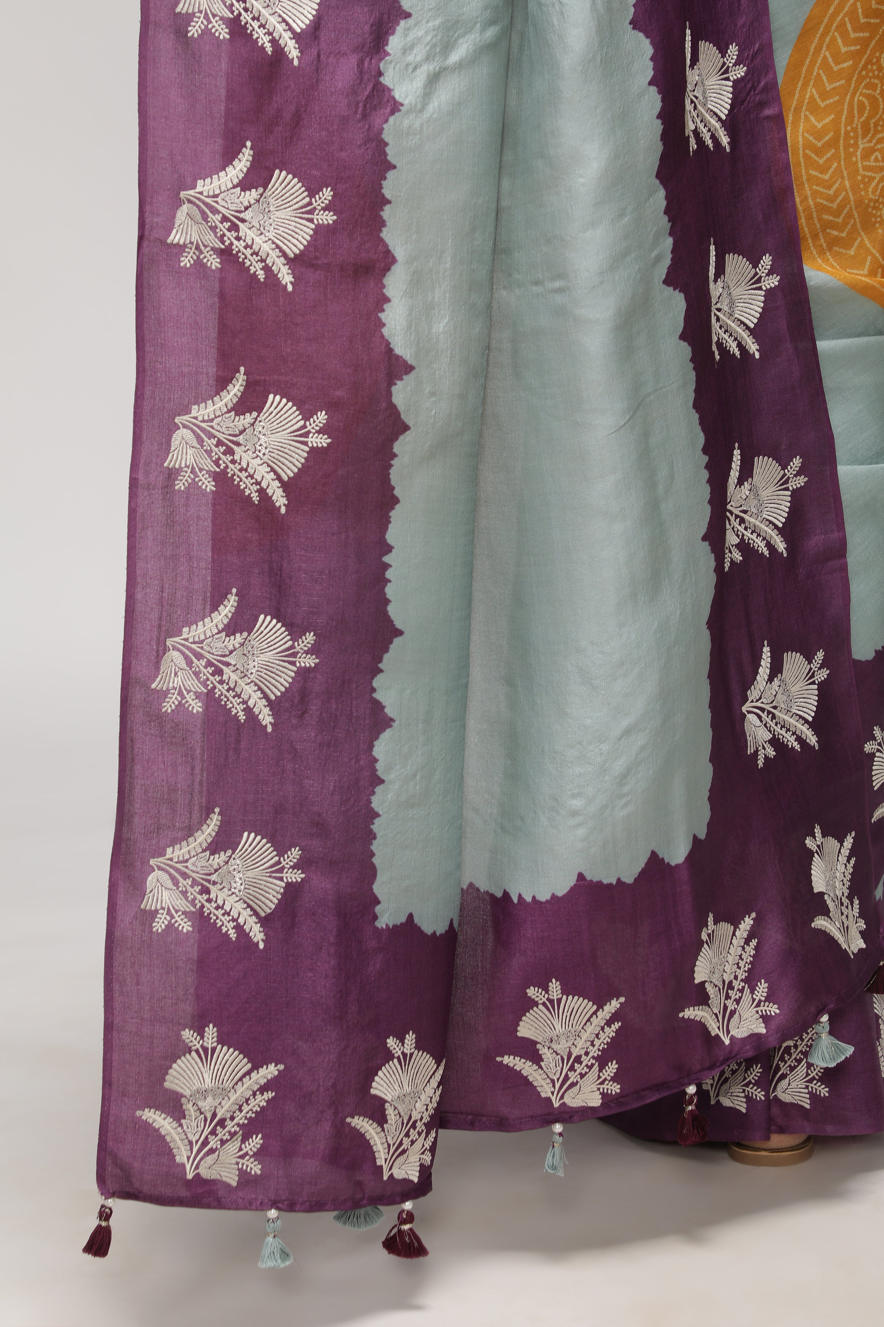 Powder Blue Tussar Saree with Purple Bandhani Print & Contrast Thread Embroidery Border