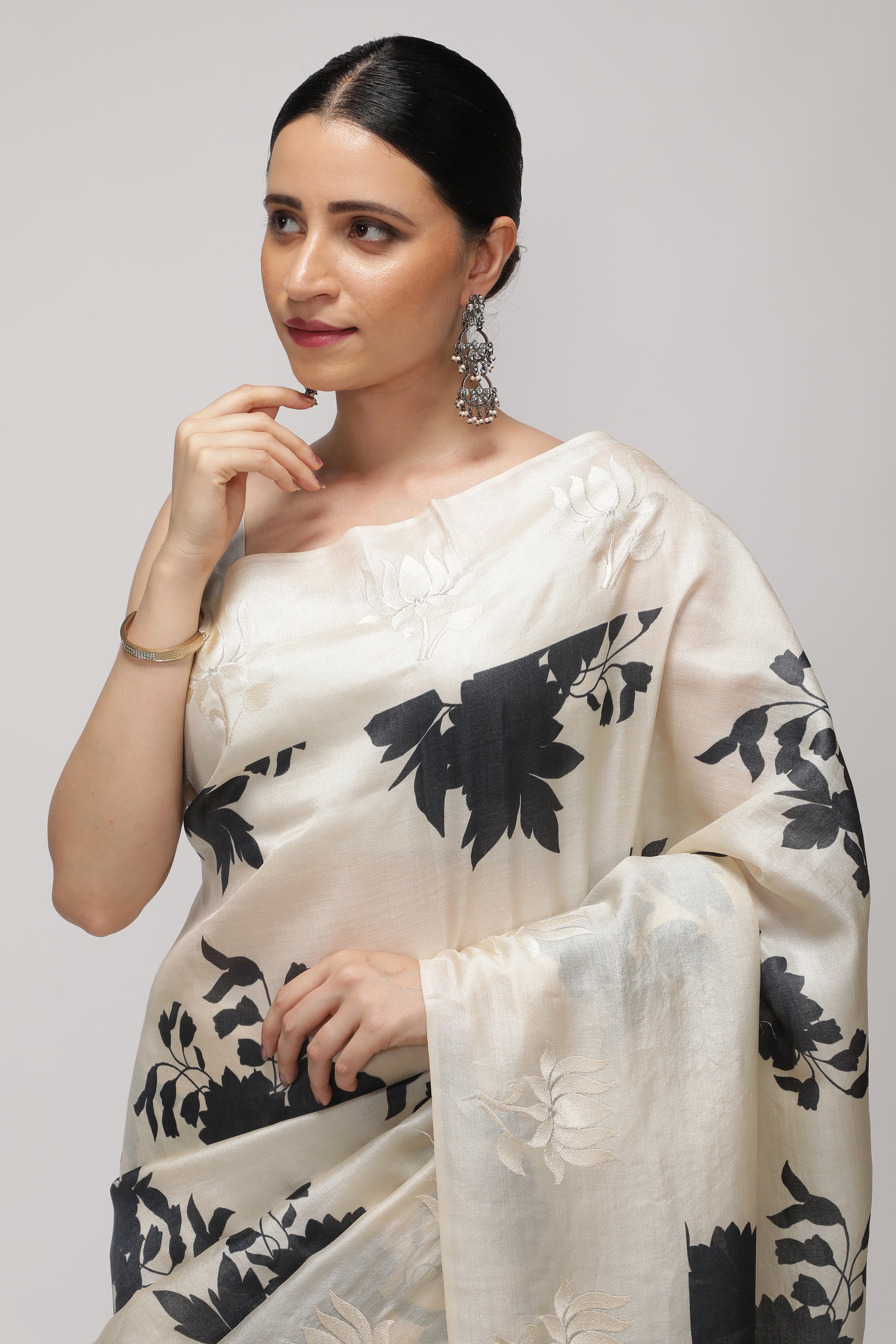 Off White Tussar Saree with All-Over Floral Print & Contrast White Thread Work Border