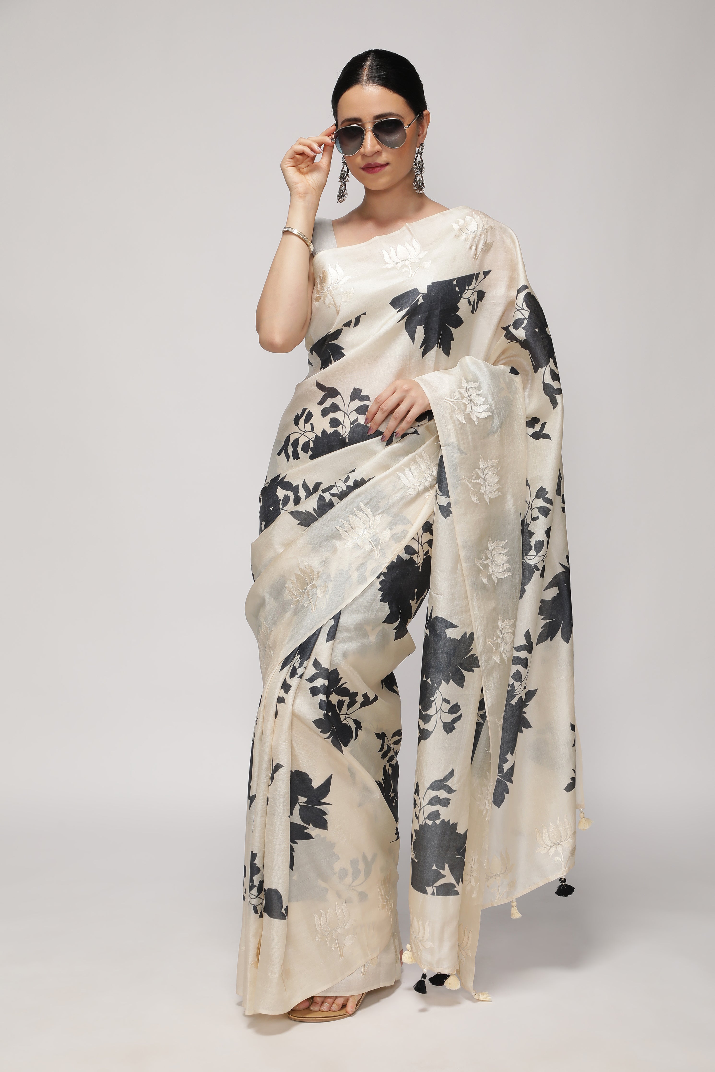 Off White Tussar Saree with All-Over Floral Print & Contrast White Thread Work Border