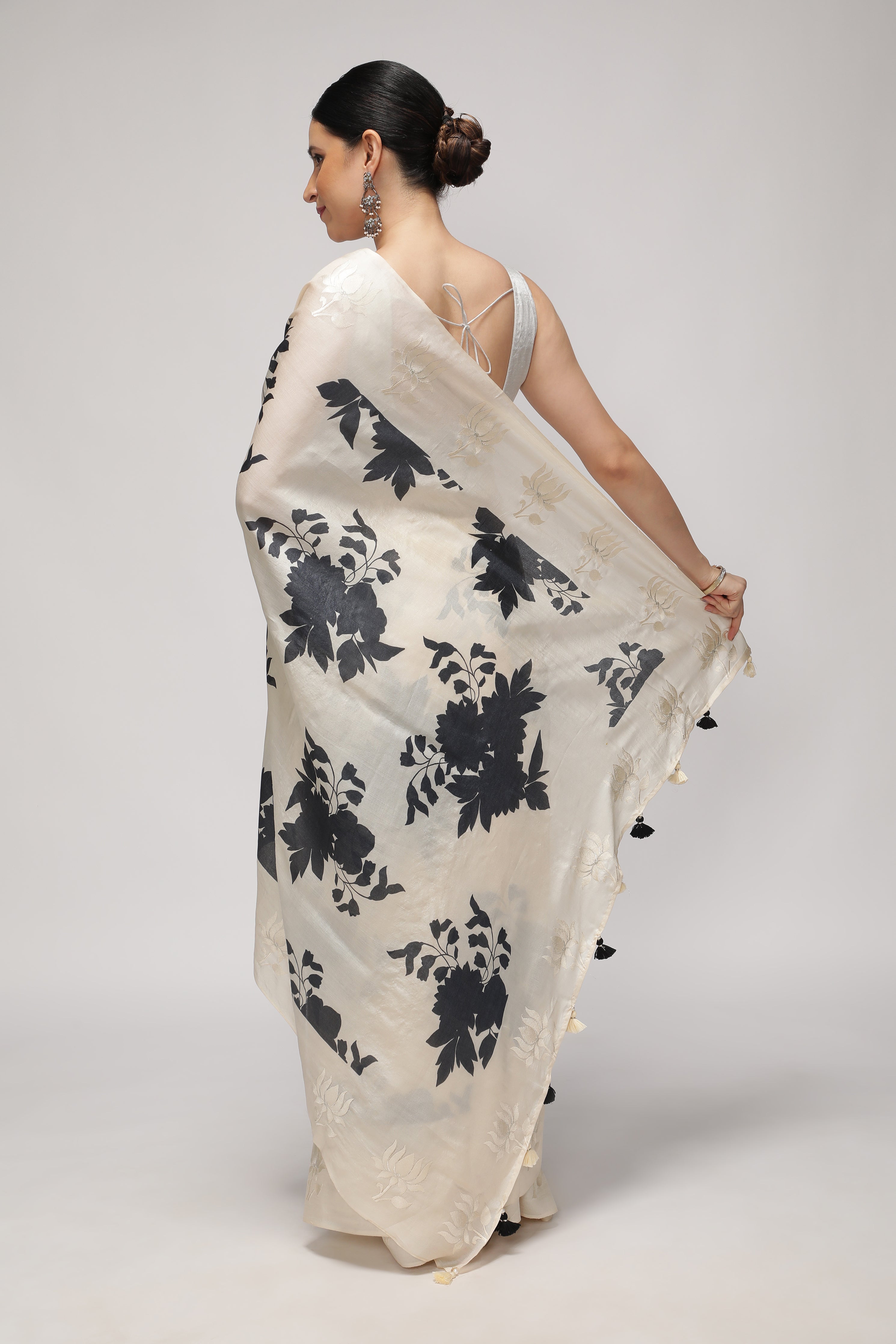 Off White Tussar Saree with All-Over Floral Print & Contrast White Thread Work Border