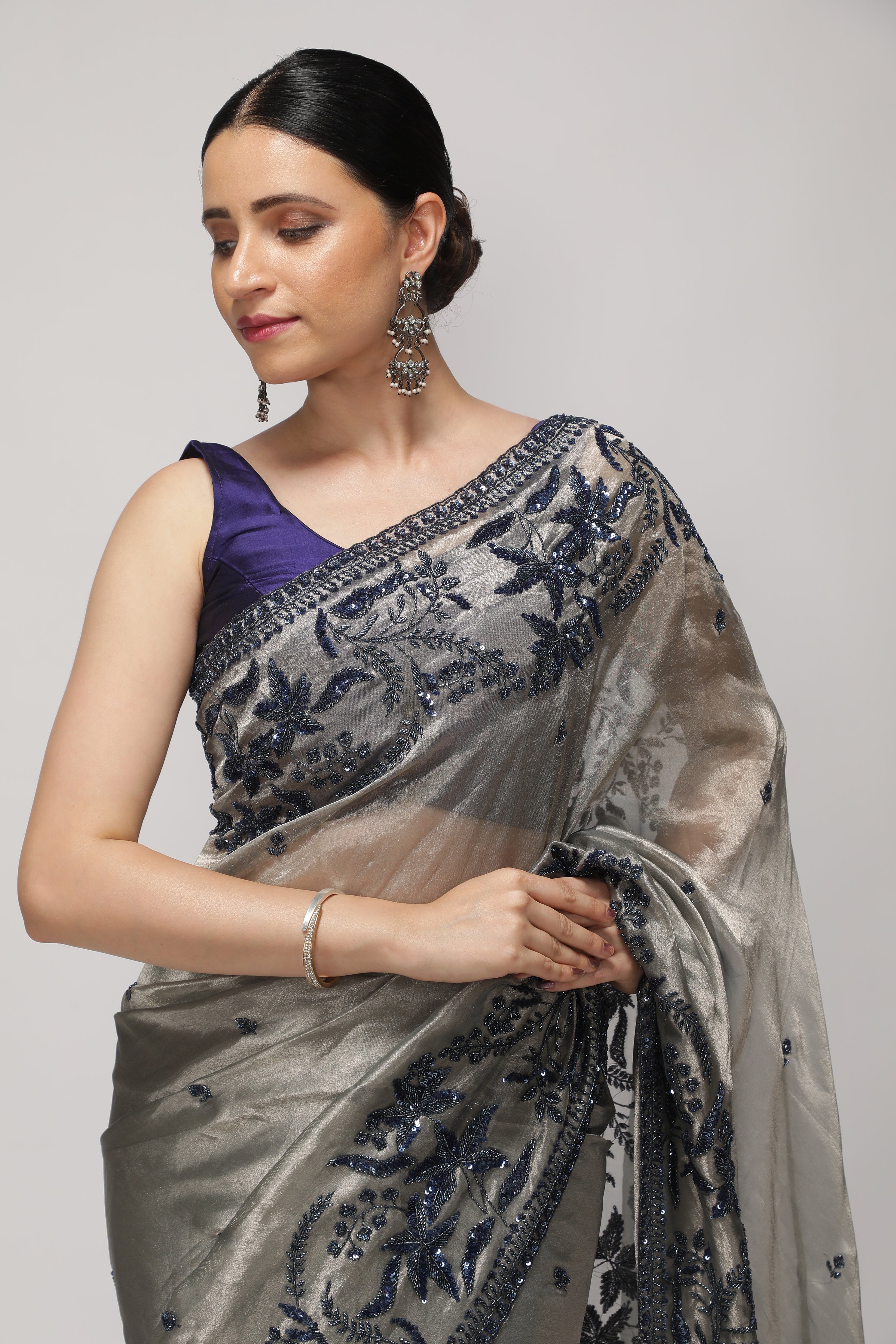 Muted Silver Tissue Saree with Blue Sequin & Bead Embroidery