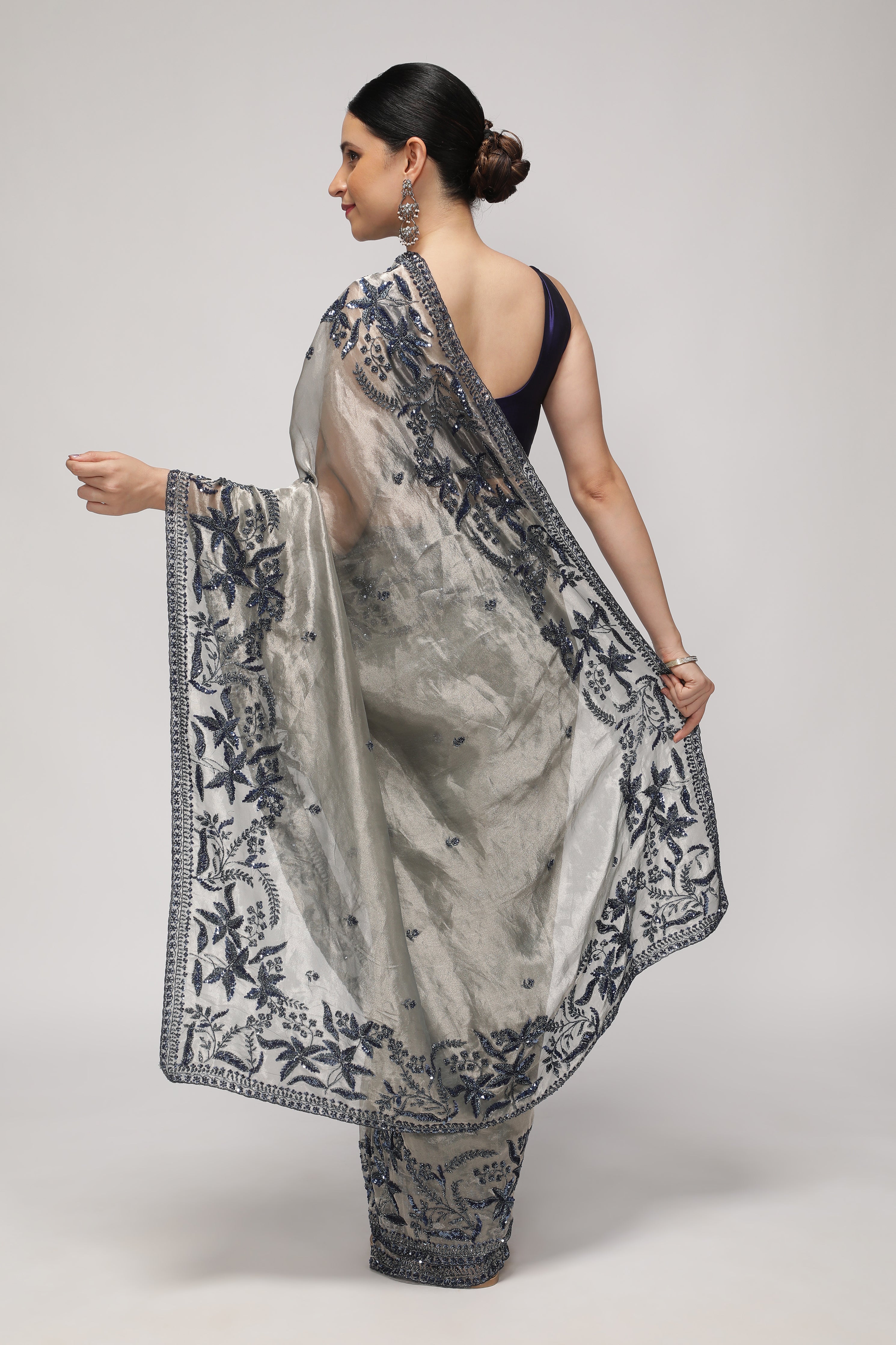 Muted Silver Tissue Saree with Blue Sequin & Bead Embroidery