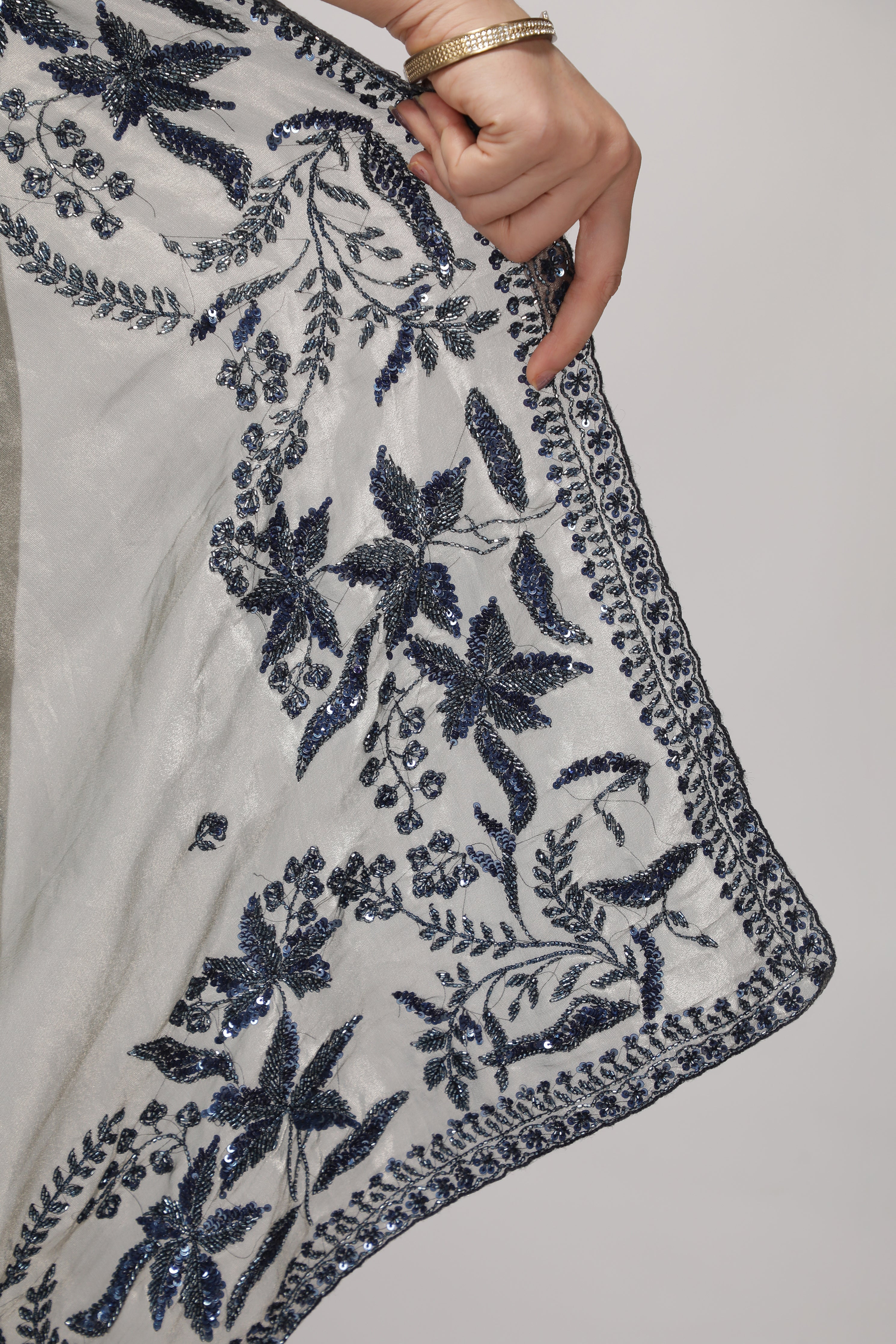 Muted Silver Tissue Saree with Blue Sequin & Bead Embroidery