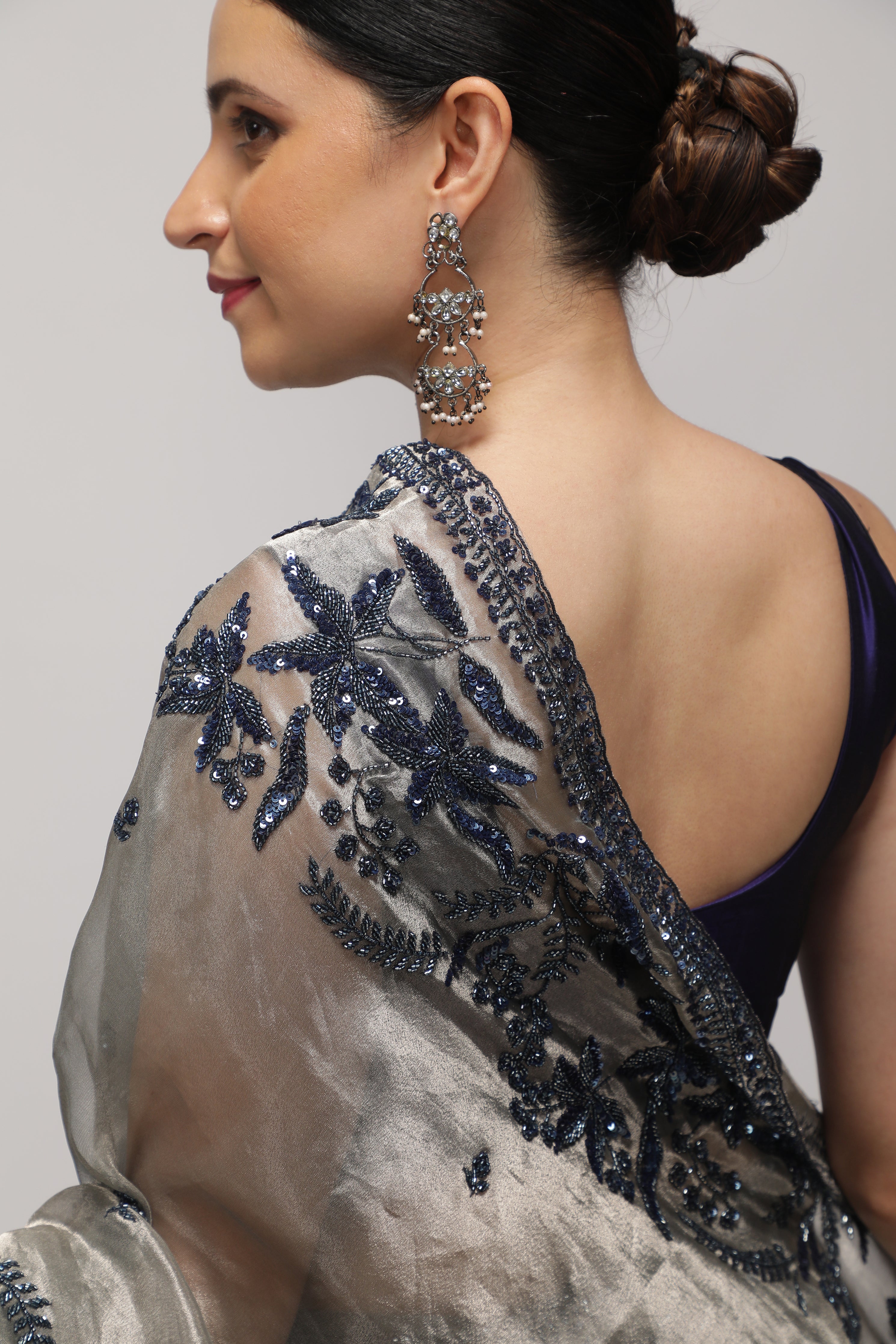 Muted Silver Tissue Saree with Blue Sequin & Bead Embroidery