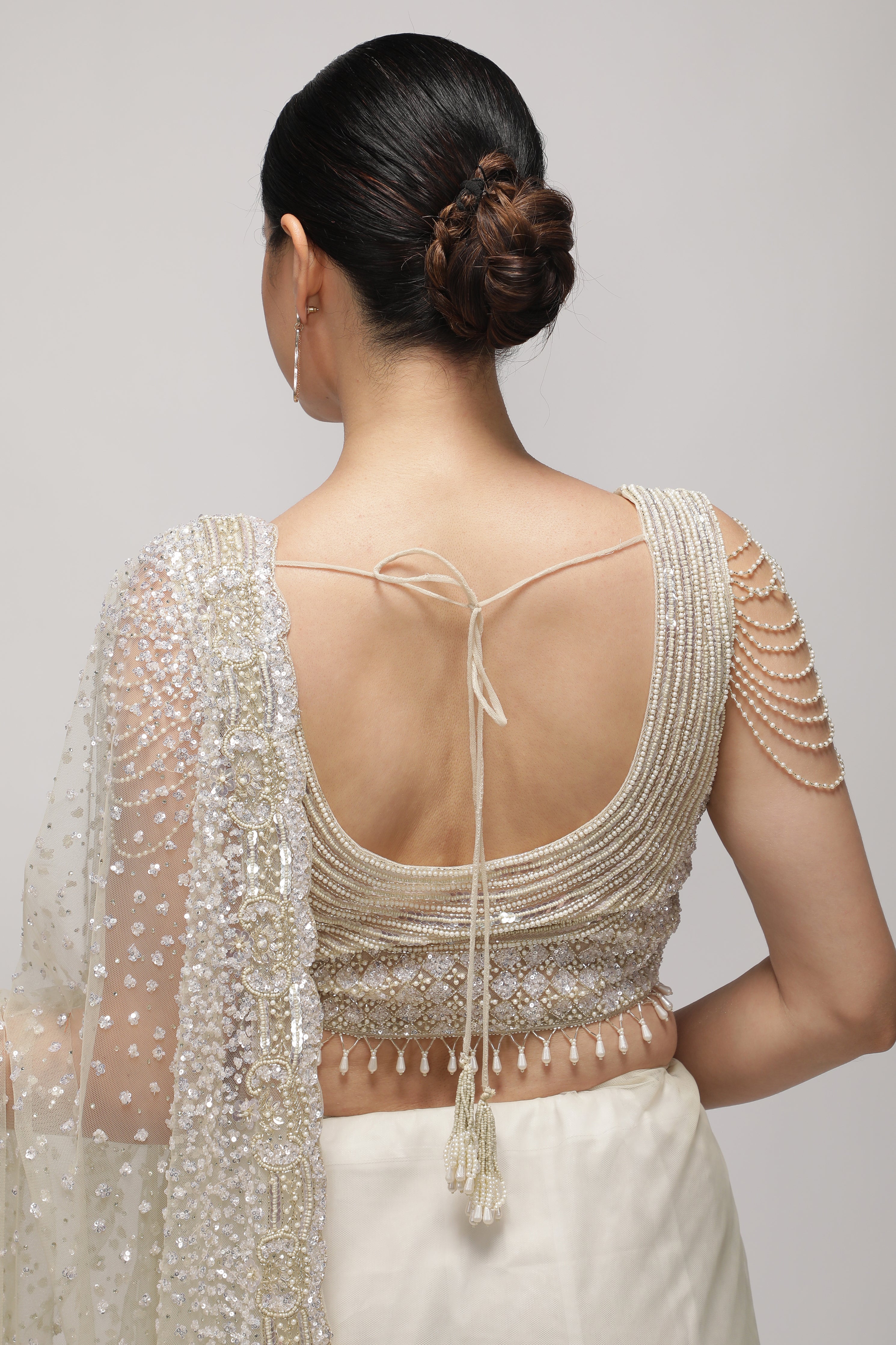 White Net Saree with All-Over Sequin & Pearl Scallop Border
