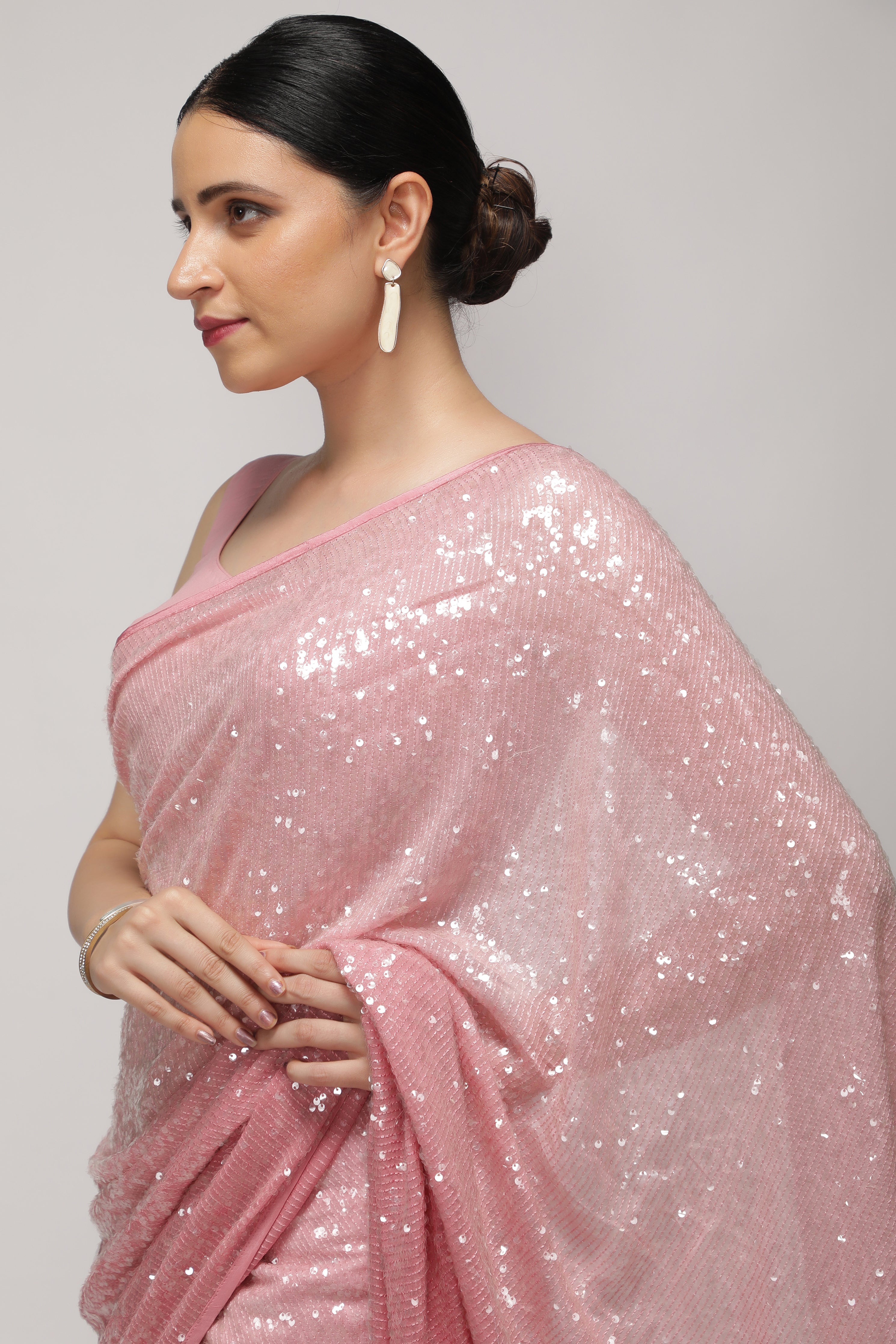 Peach Georgette Saree with Self Sequins & Thread Work