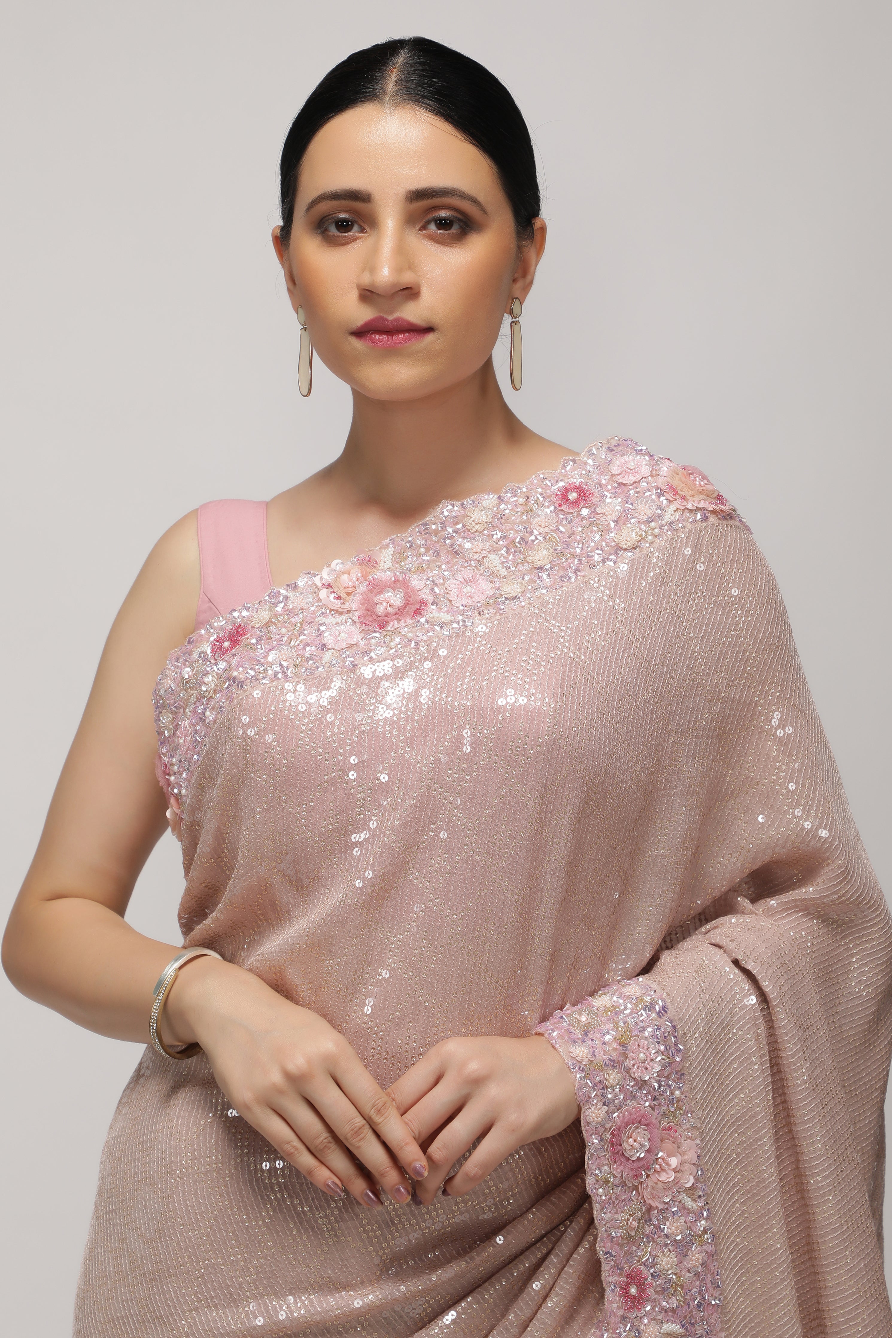 Onion Pink Georgette Saree with Sequin, Pearl & Bead Embroidery Border - Mokshaa