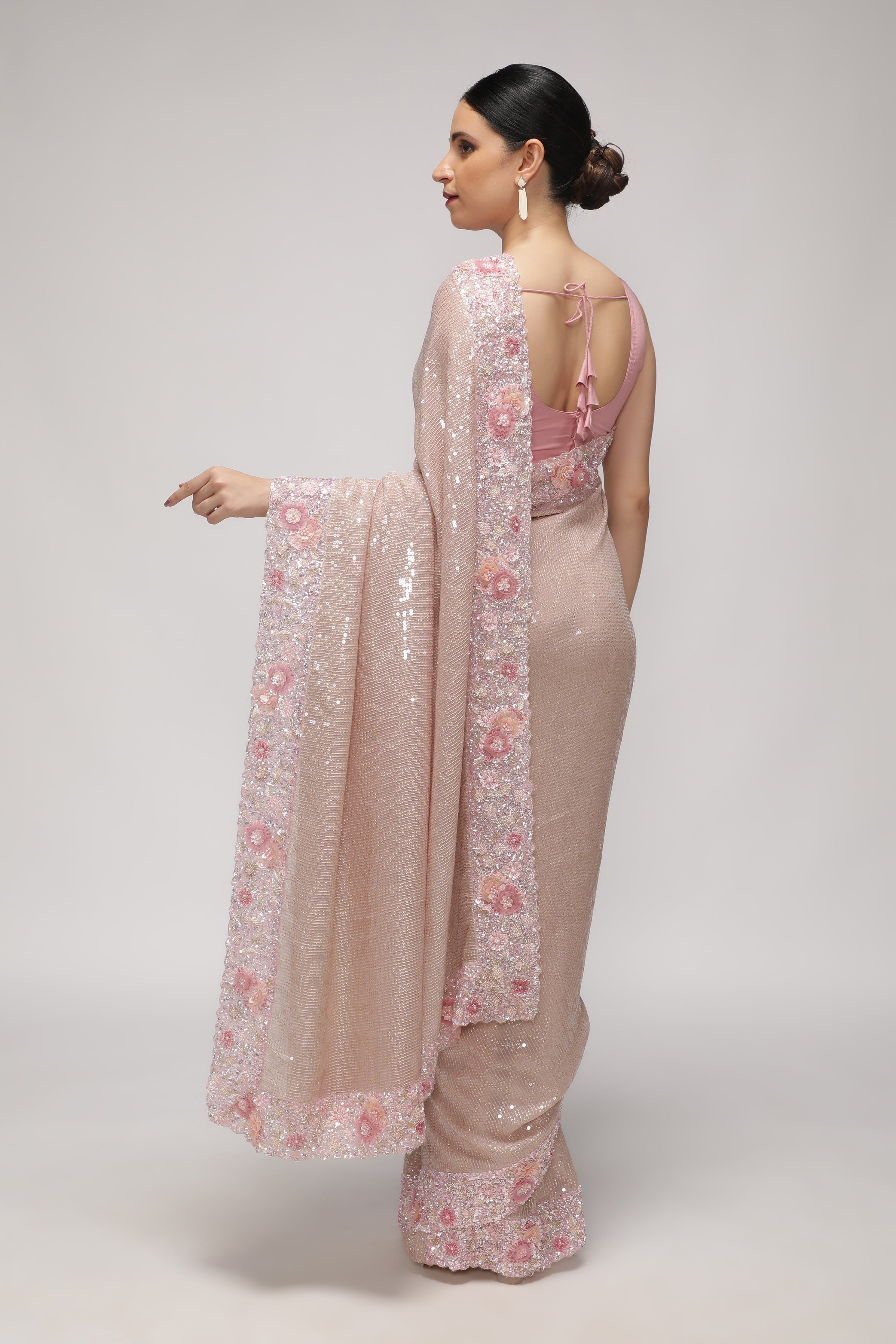Onion Pink Georgette Saree with Sequin, Pearl & Bead Embroidery Border