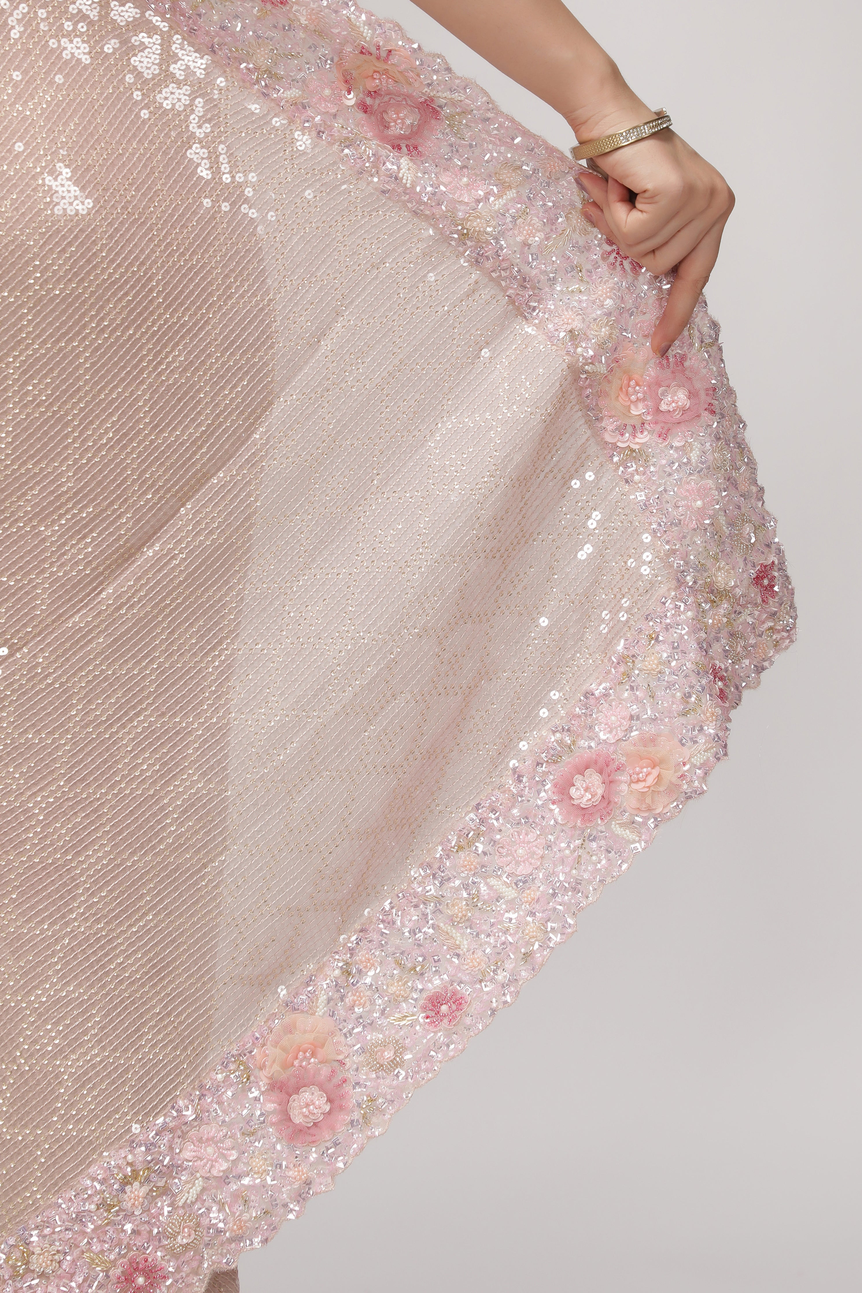 Onion Pink Georgette Saree with Sequin, Pearl & Bead Embroidery Border