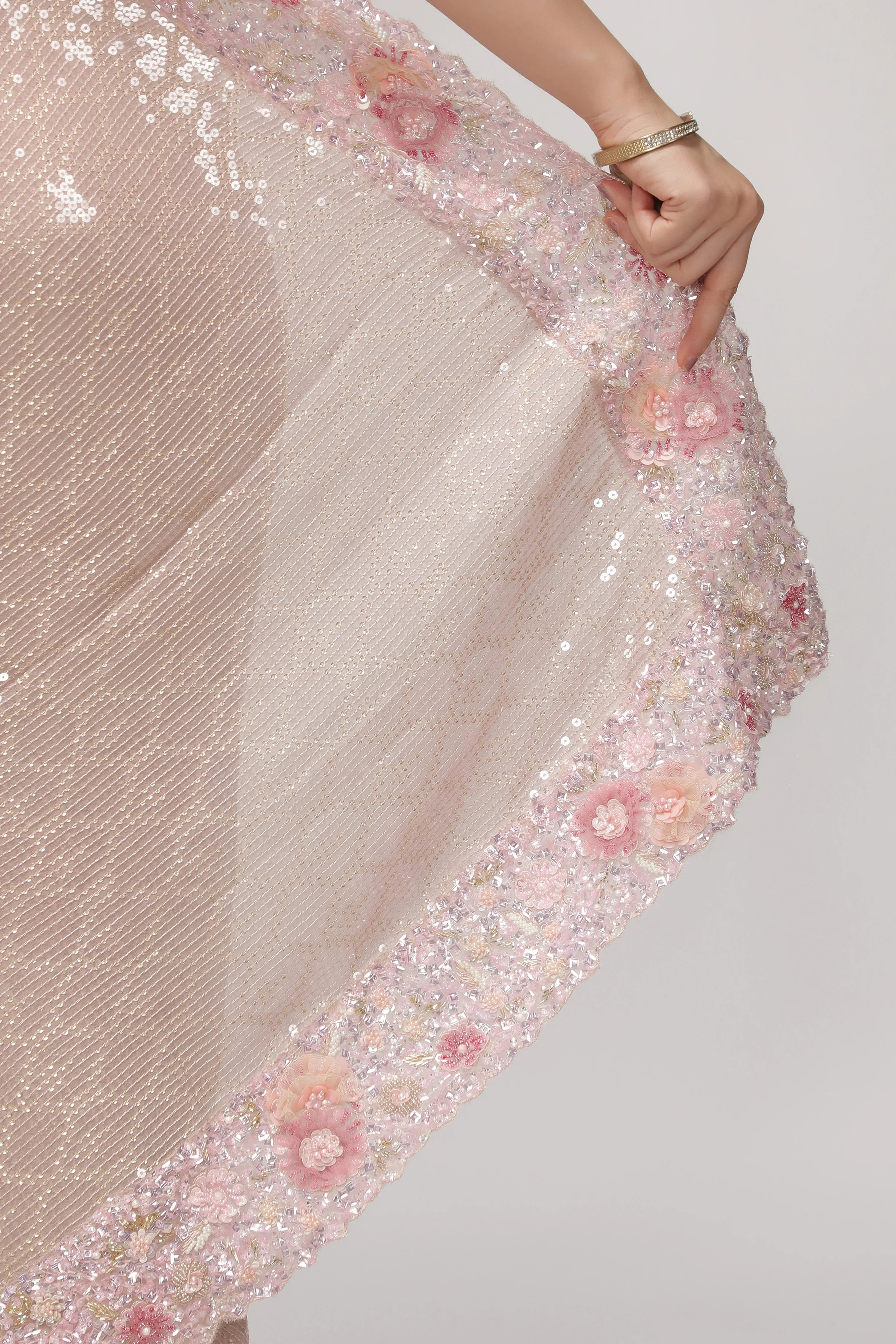 Onion Pink Georgette Saree with Sequin, Pearl & Bead Embroidery Border - Mokshaa