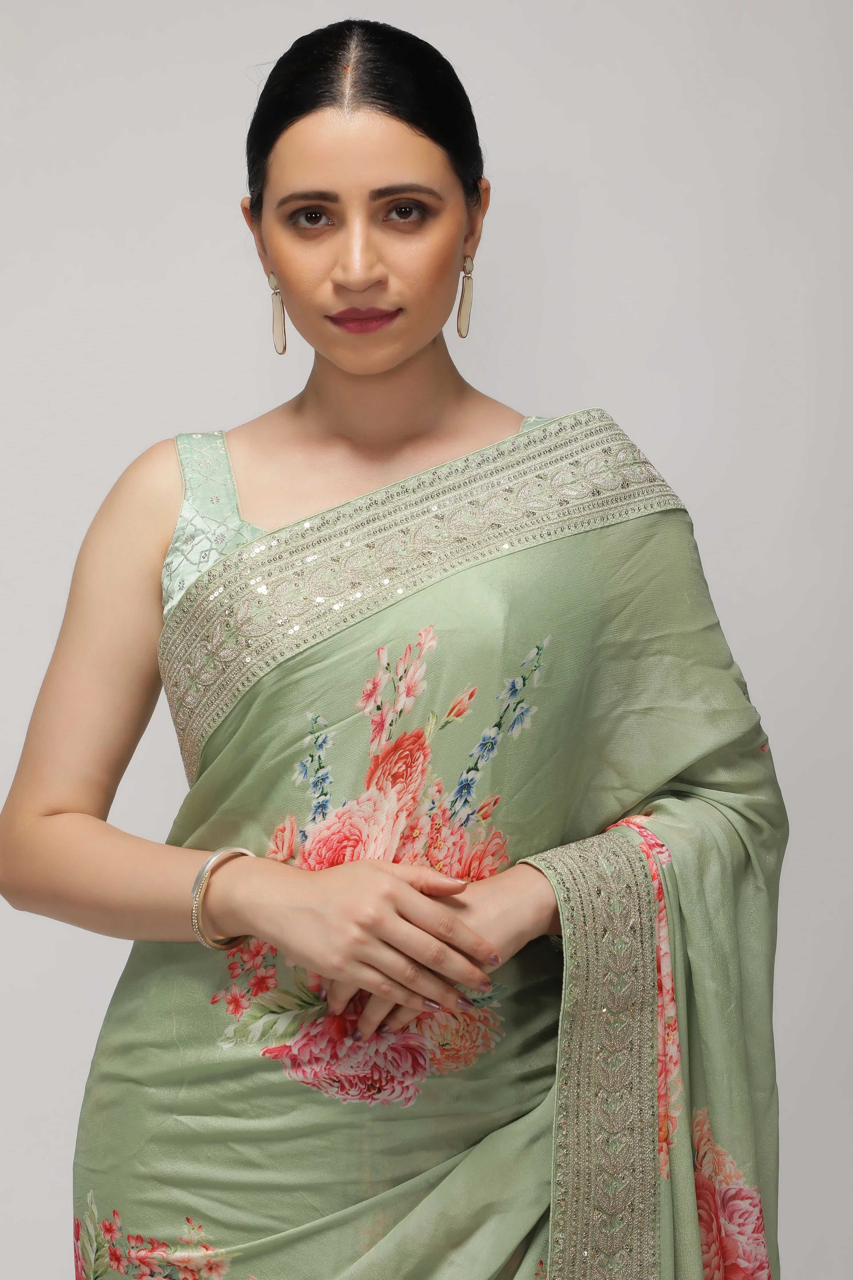 Green Crepe Georgette Saree with Floral Print & Aari Work Border - Mokshaa