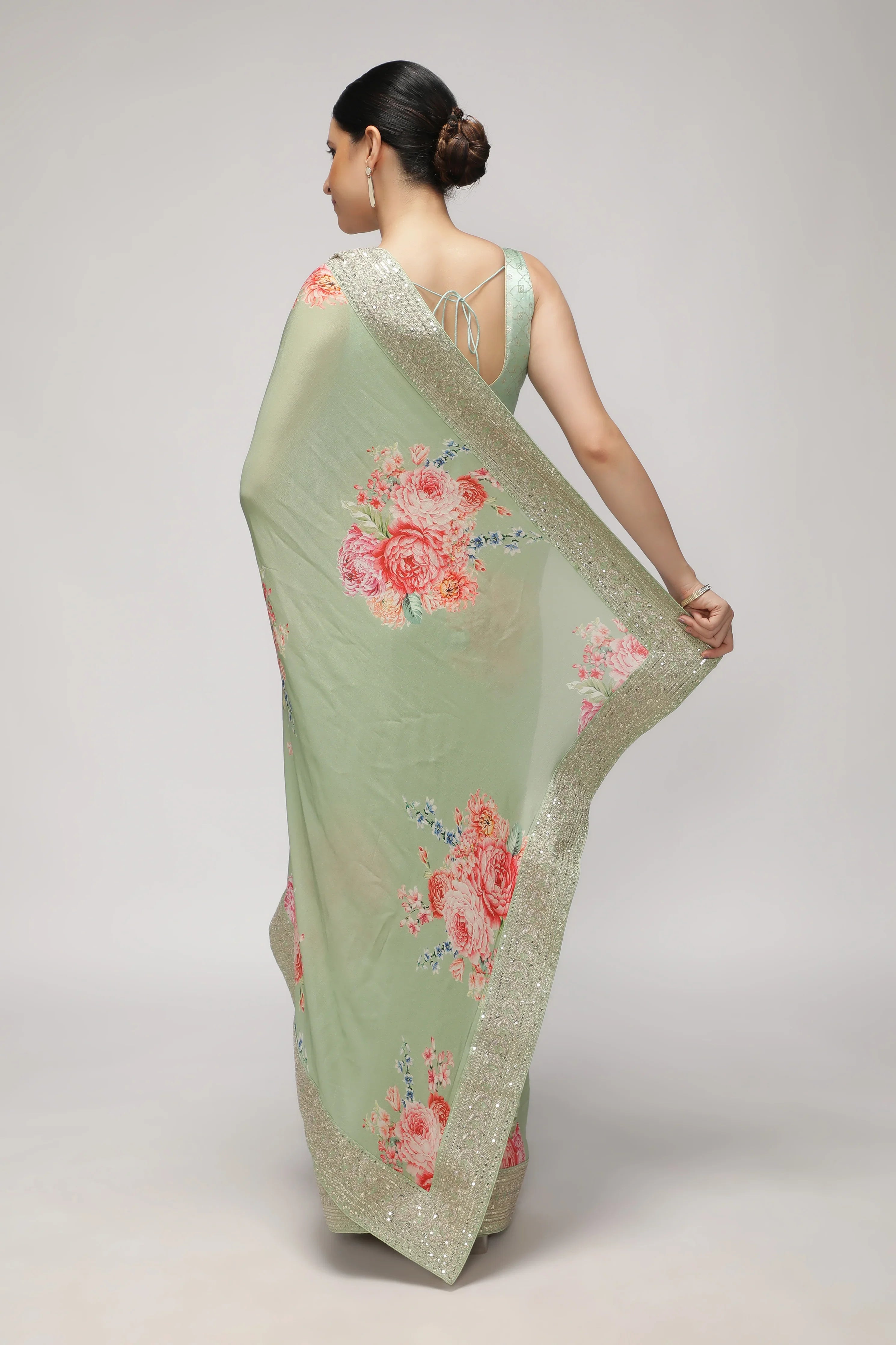 Green Crepe Georgette Saree with Floral Print & Aari Work Border - Mokshaa