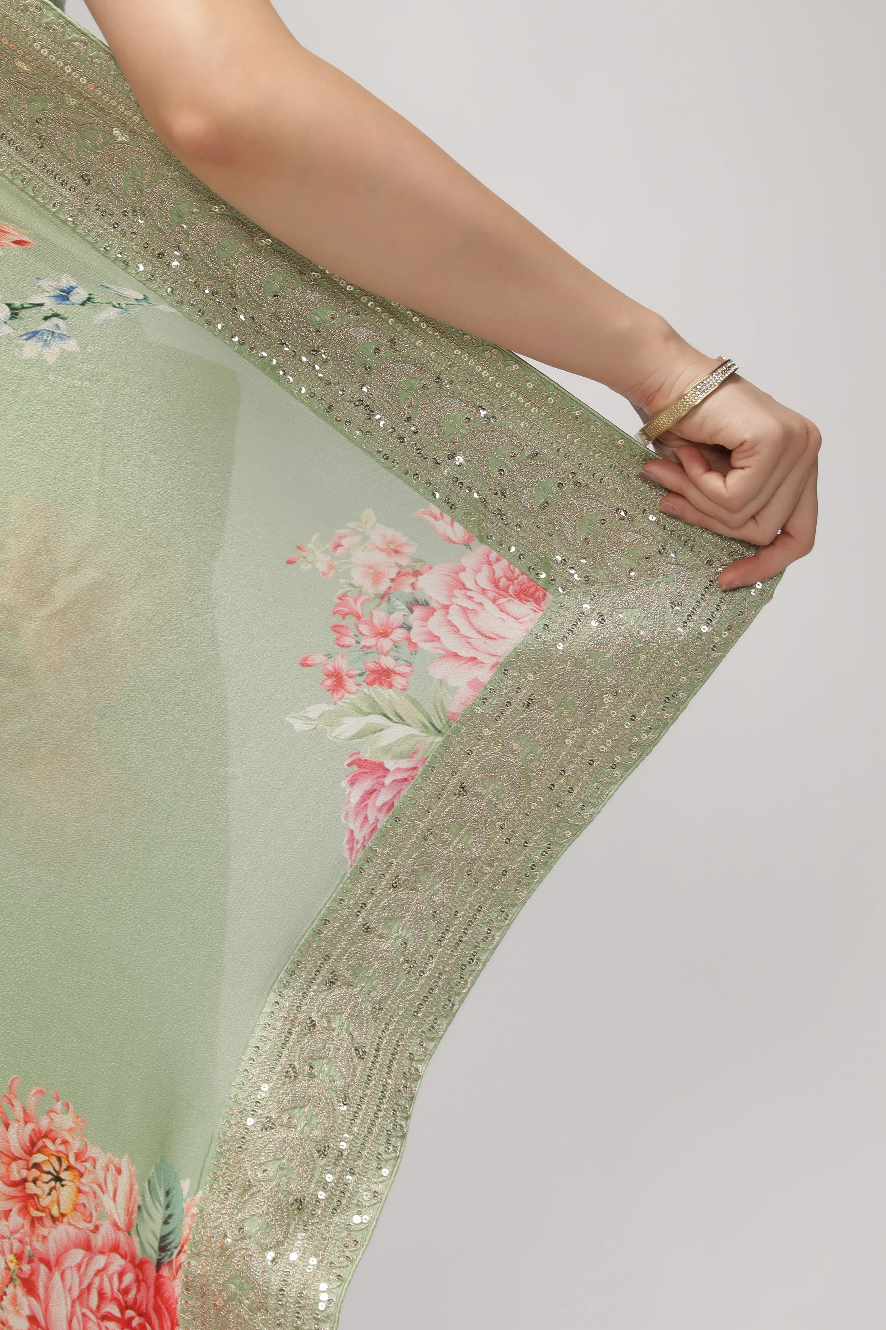 Green Crepe Georgette Saree with Floral Print & Aari Work Border - Mokshaa