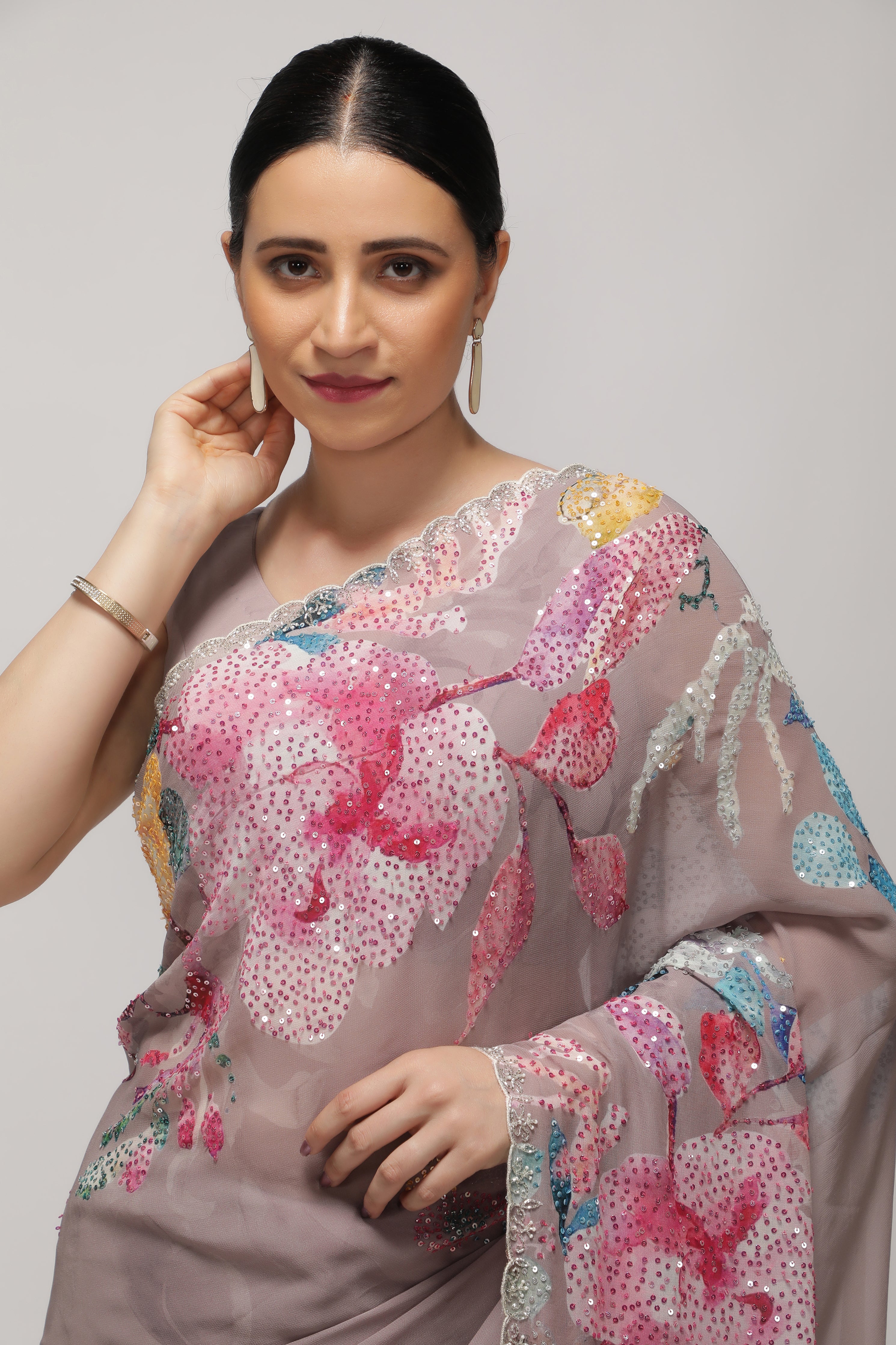Dusty Lavender Georgette Saree with Multi-Printed Sequin Work Border