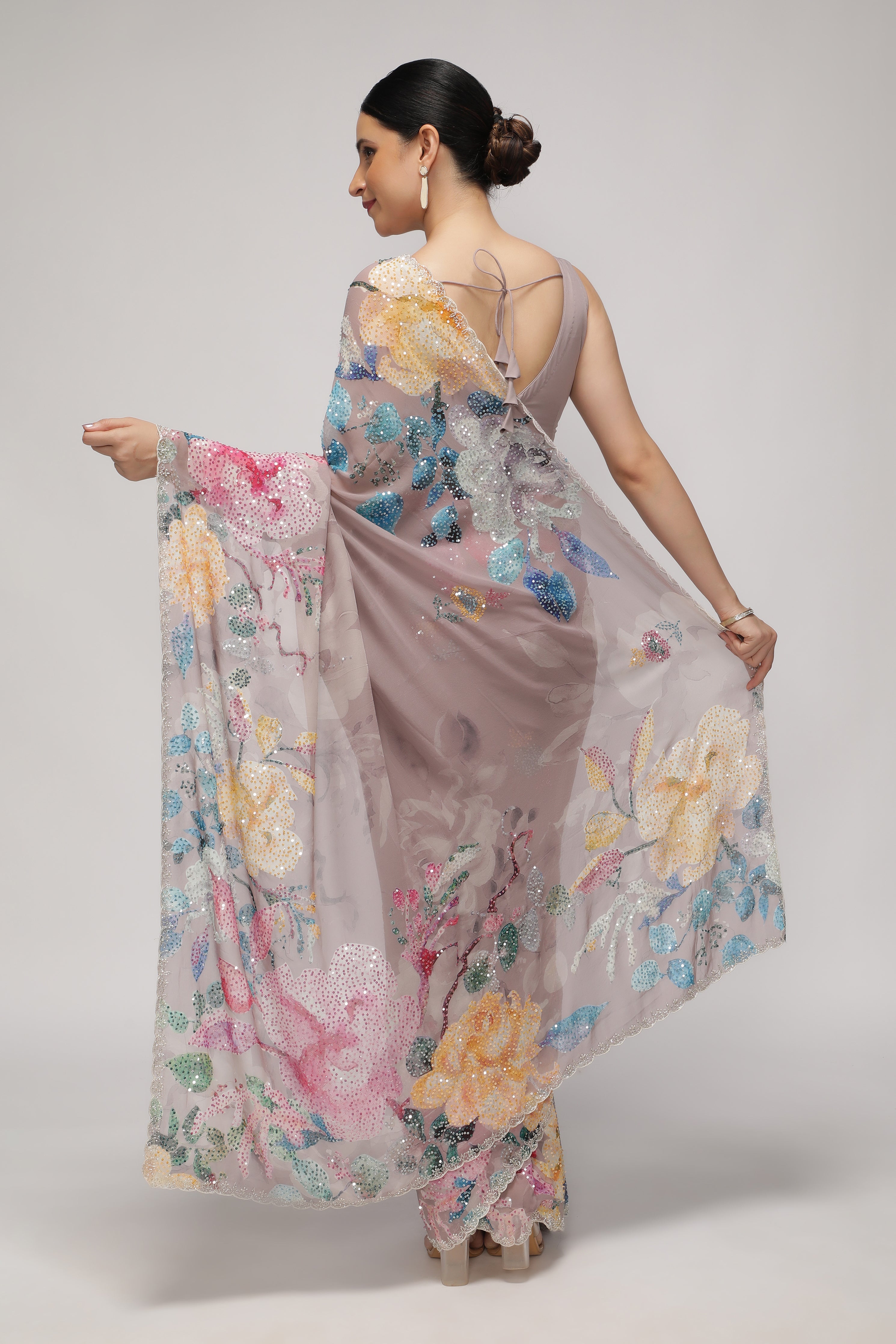 Dusty Lavender Georgette Saree with Multi-Printed Sequin Work Border
