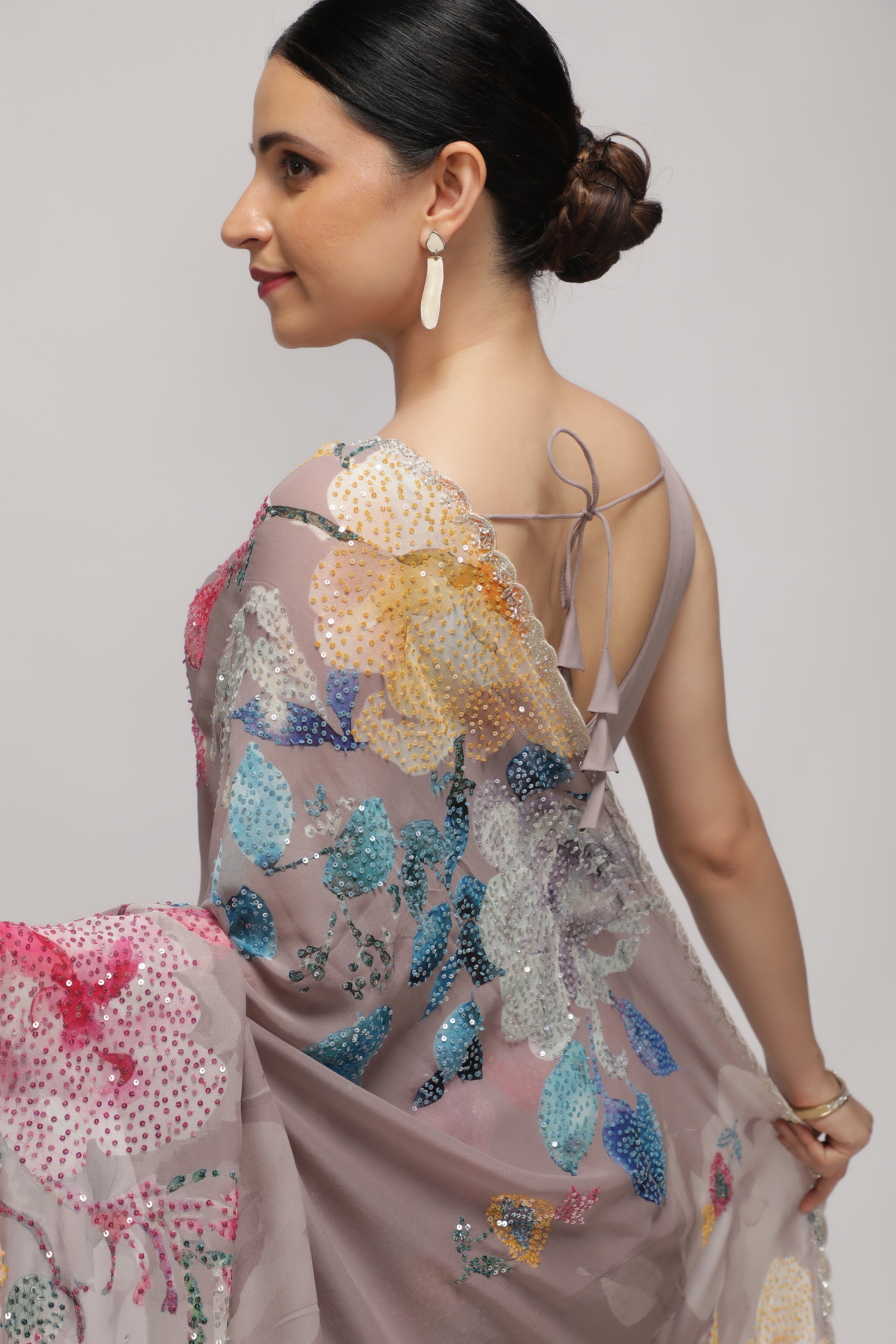 Dusty Lavender Georgette Saree with Multi-Printed Sequin Work Border