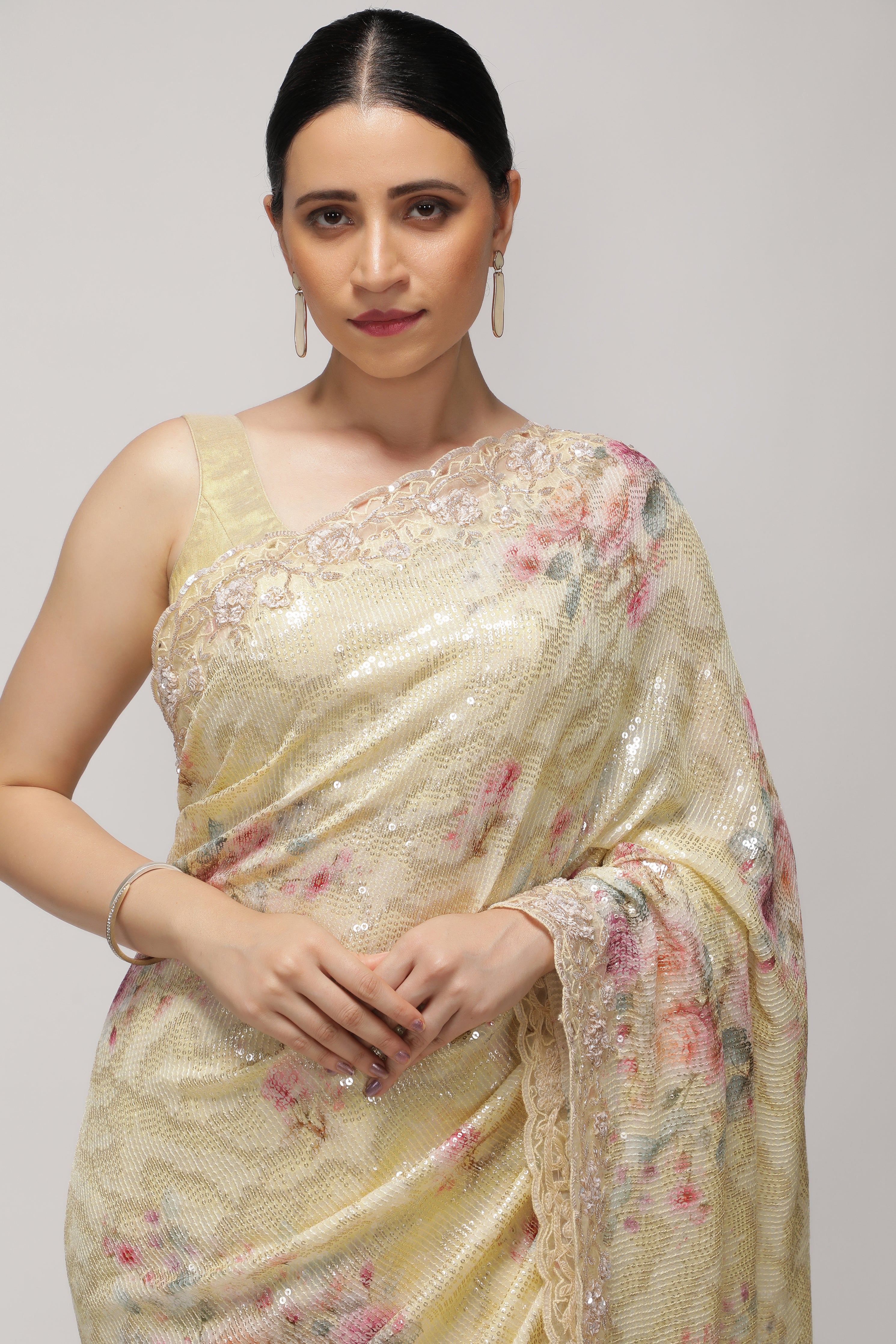 Pastel Lime Georgette Saree with Floral Print, Sequins & Cut Work Border