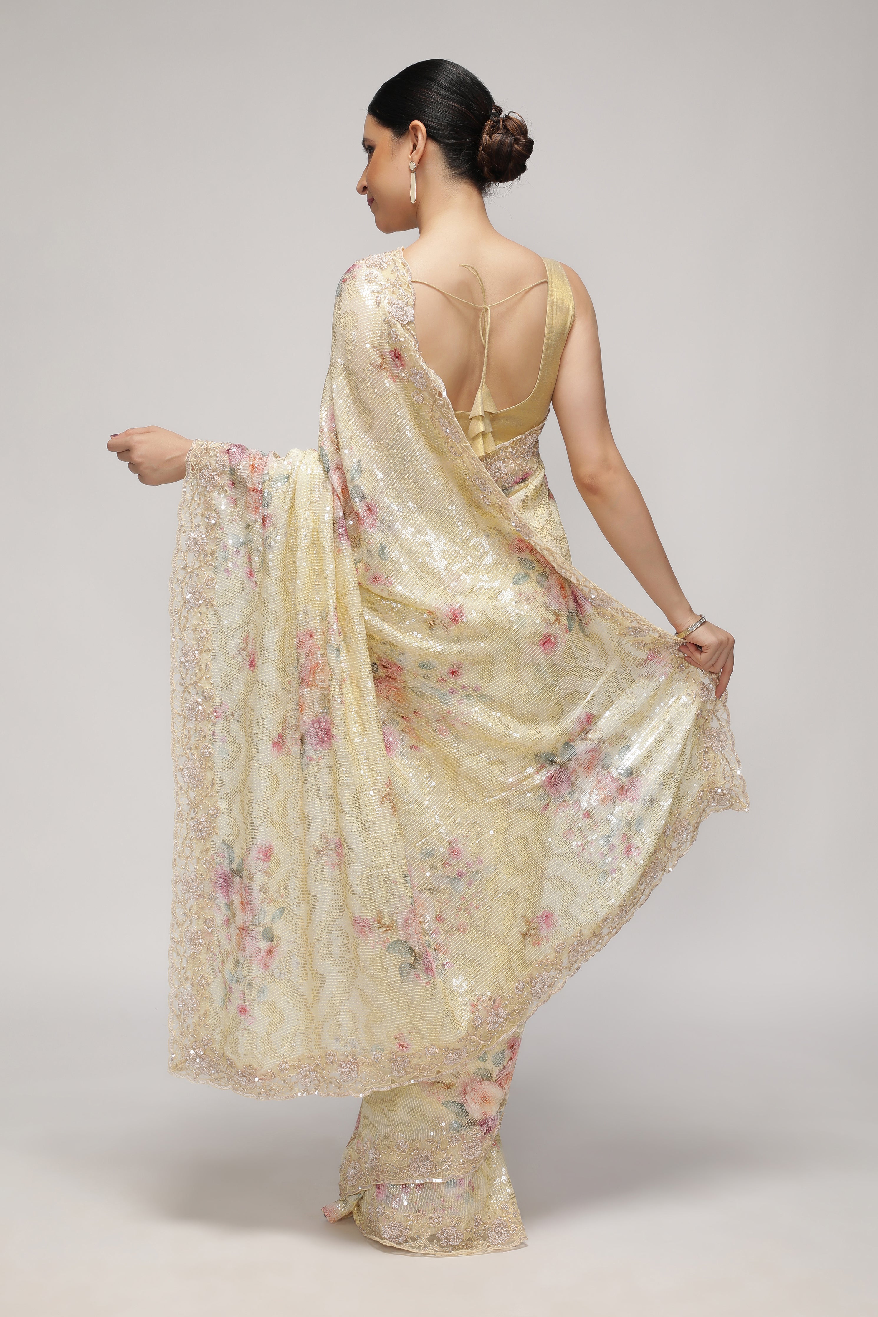Pastel Lime Georgette Saree with Floral Print, Sequins & Cut Work Border