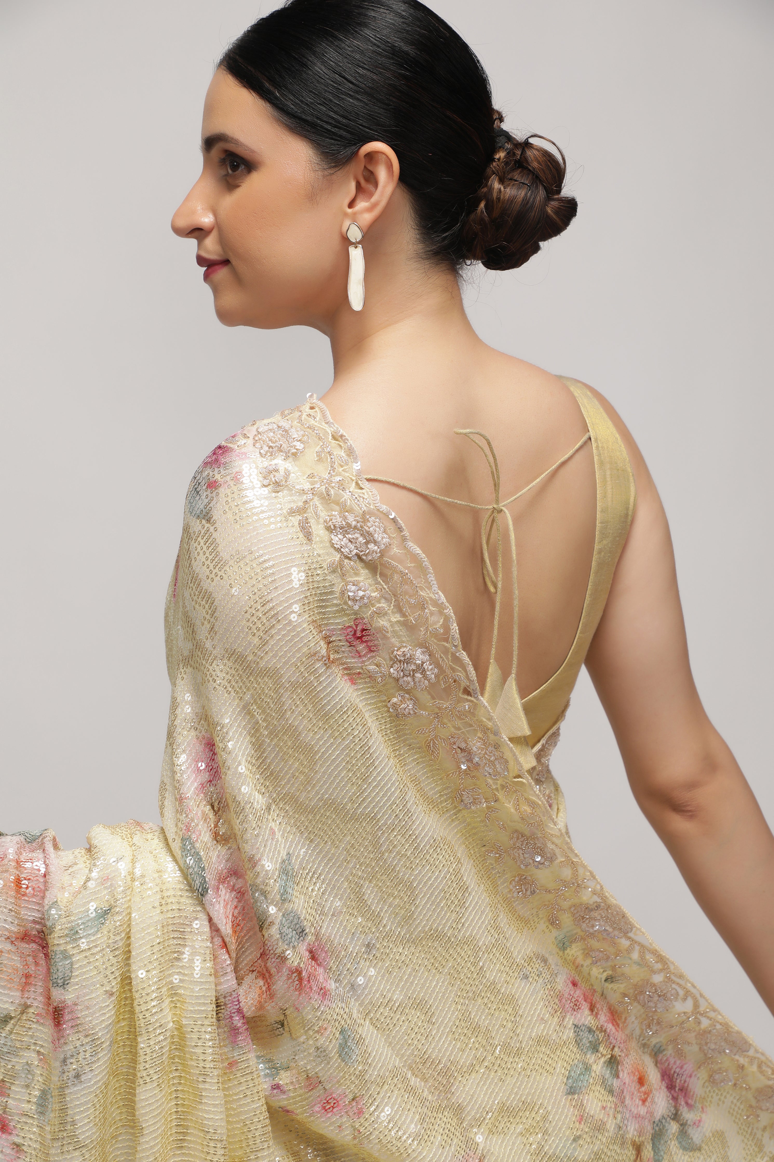 Pastel Lime Georgette Saree with Floral Print, Sequins & Cut Work Border