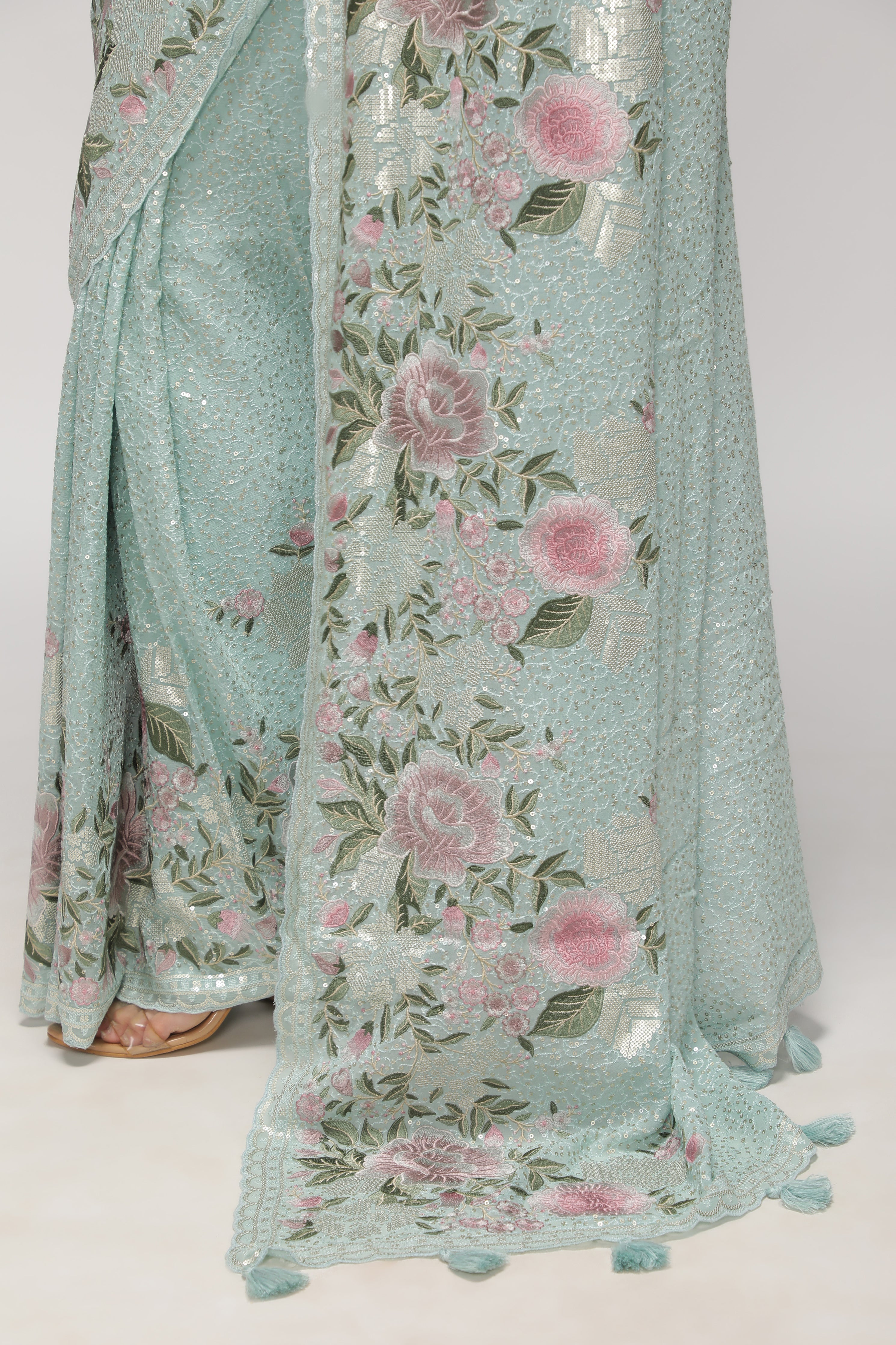 Sea Blue Georgette Saree with All-Over Sequins Body & Embroidered Border