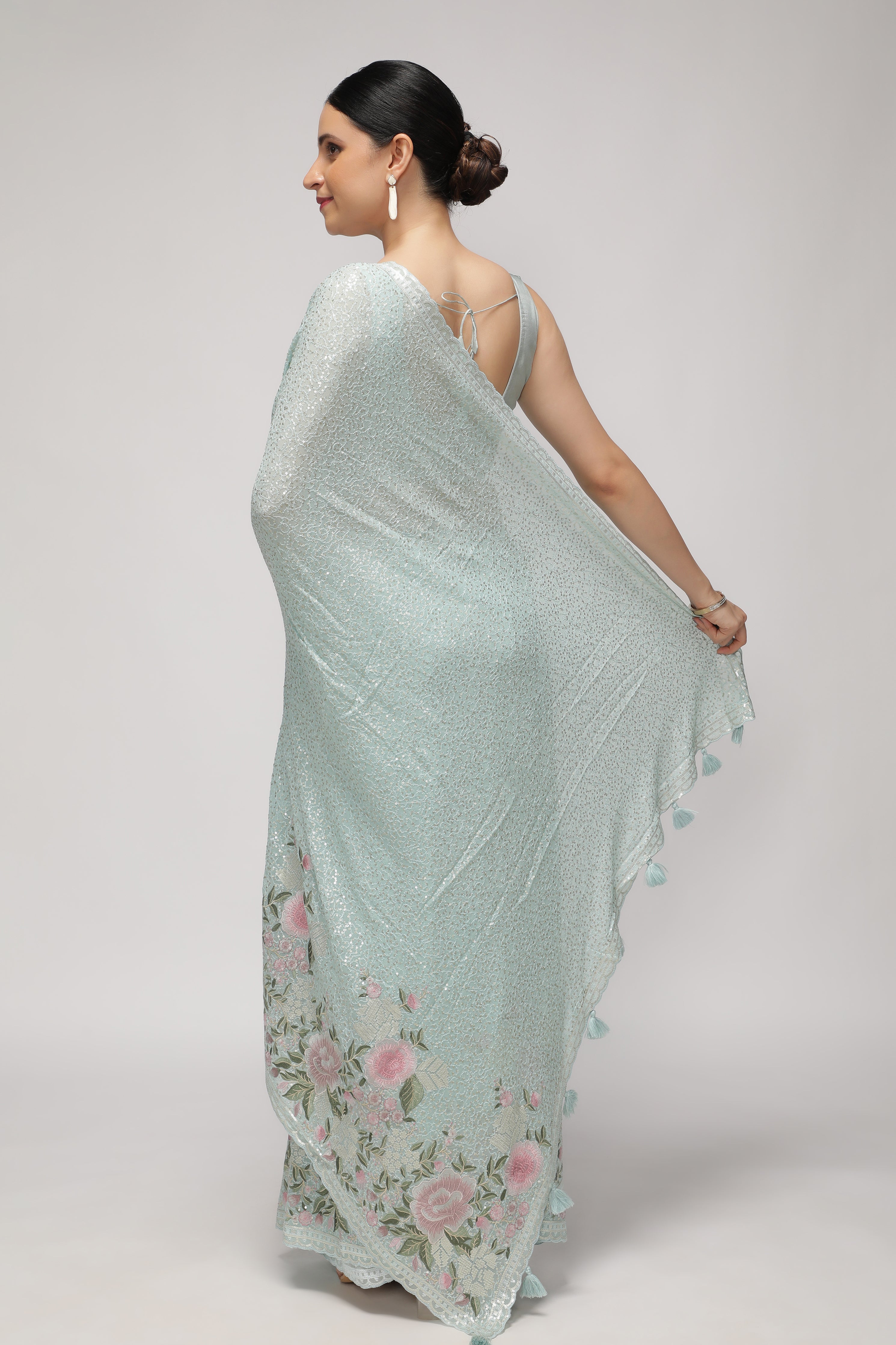 Sea Blue Georgette Saree with All-Over Sequins Body & Embroidered Border