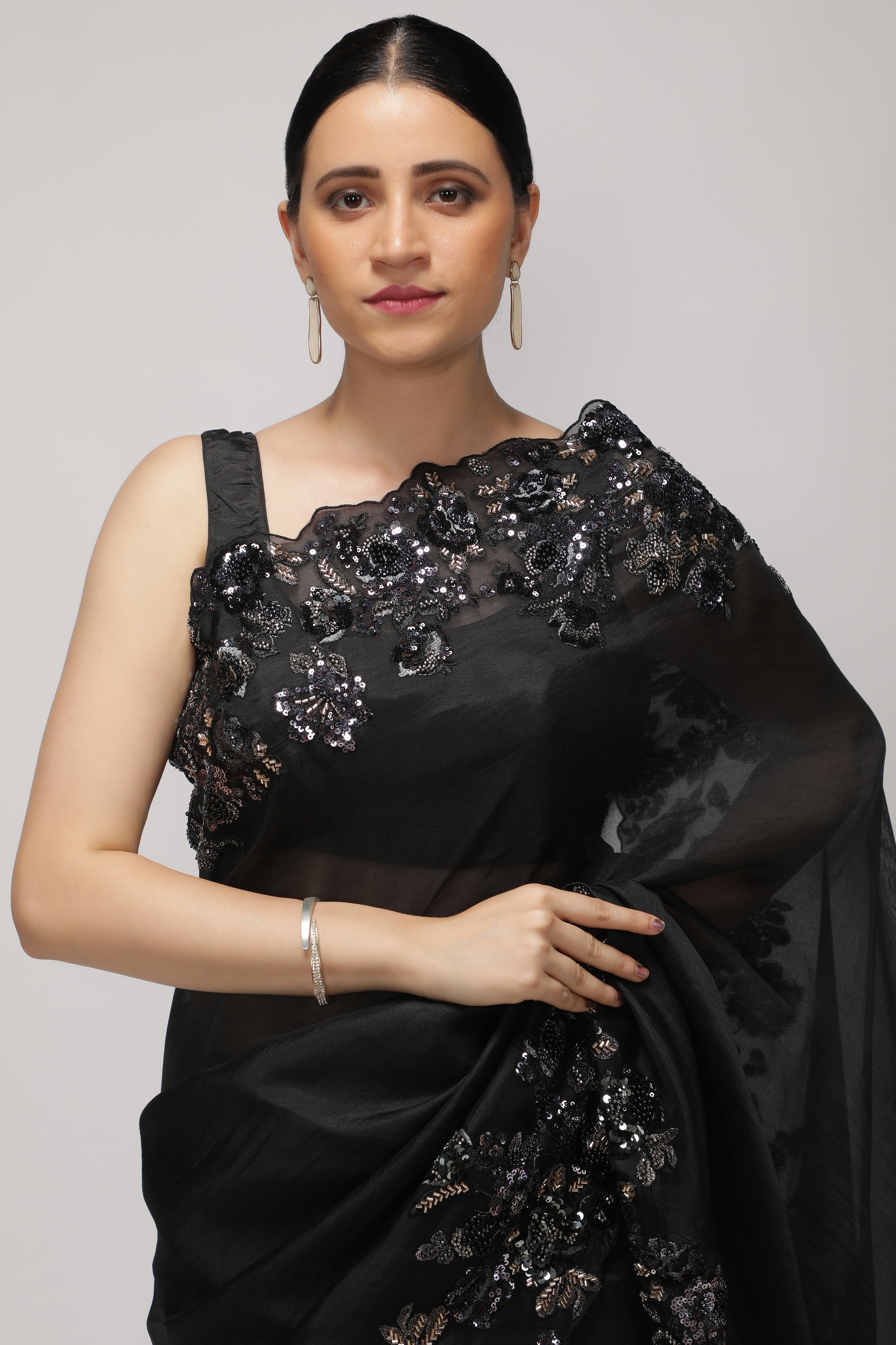 Black Organza Saree with Multi-Sequins Floral & Scallop Border