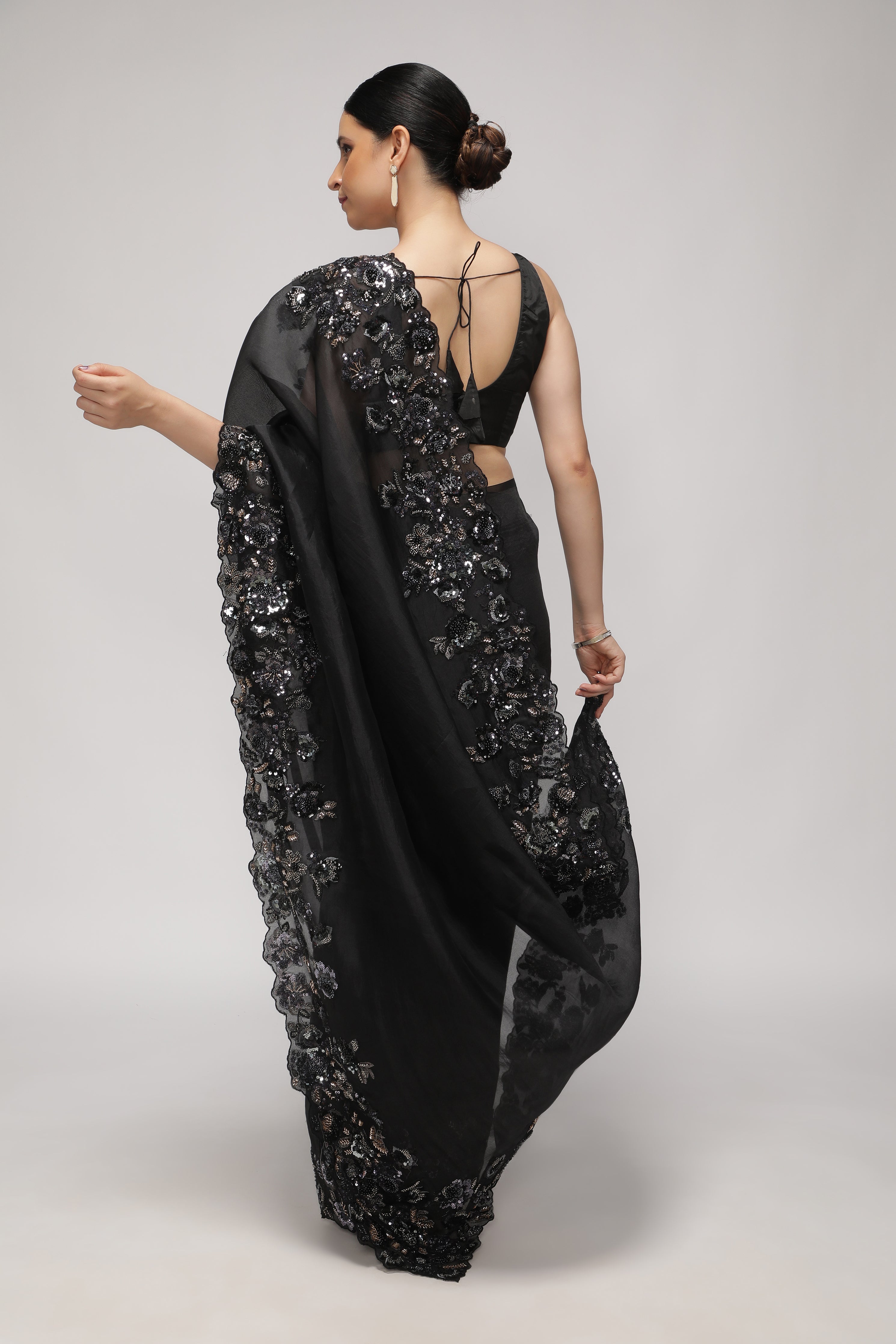 Black Organza Saree with Multi-Sequins Floral & Scallop Border