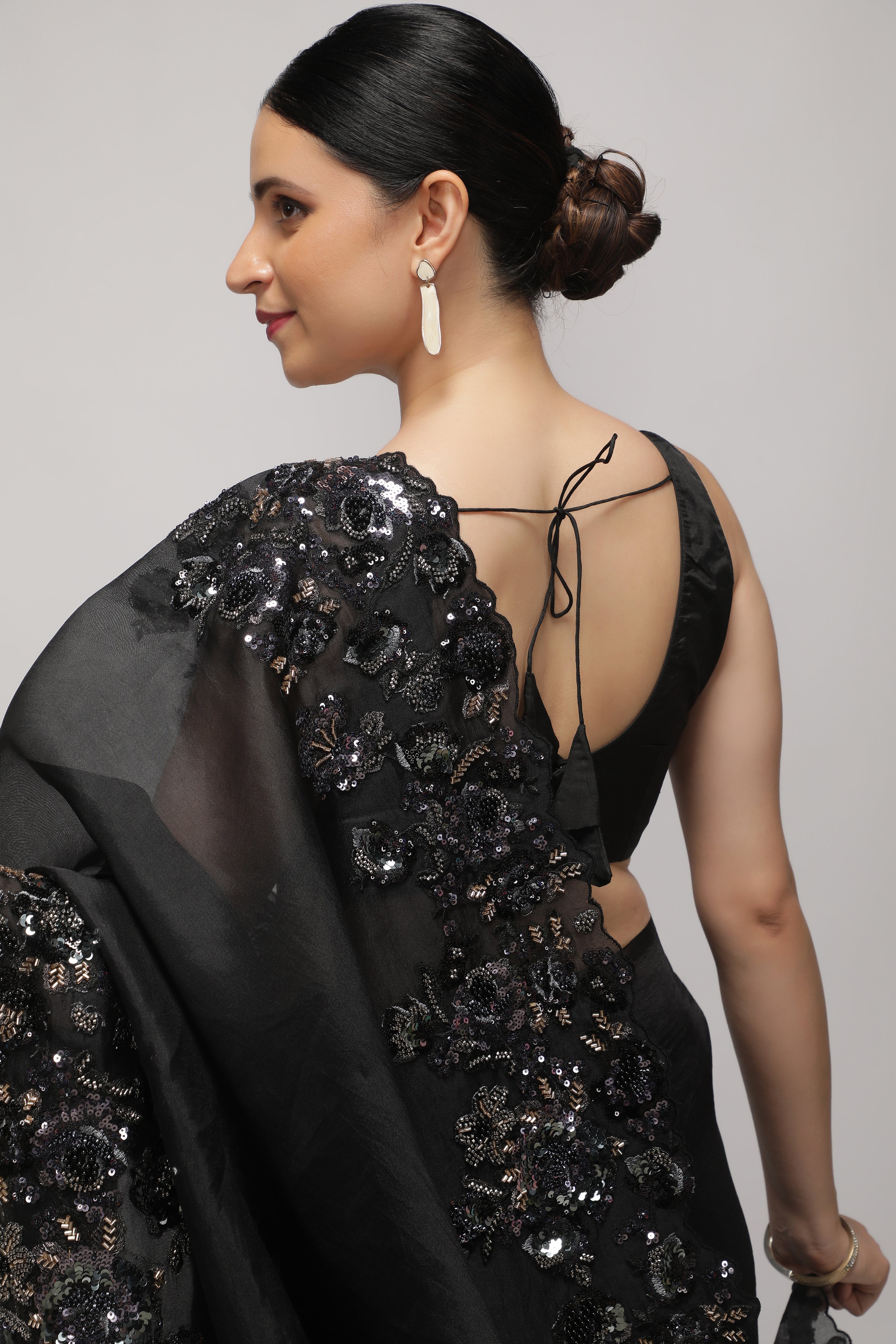Black Organza Saree with Multi-Sequins Floral & Scallop Border