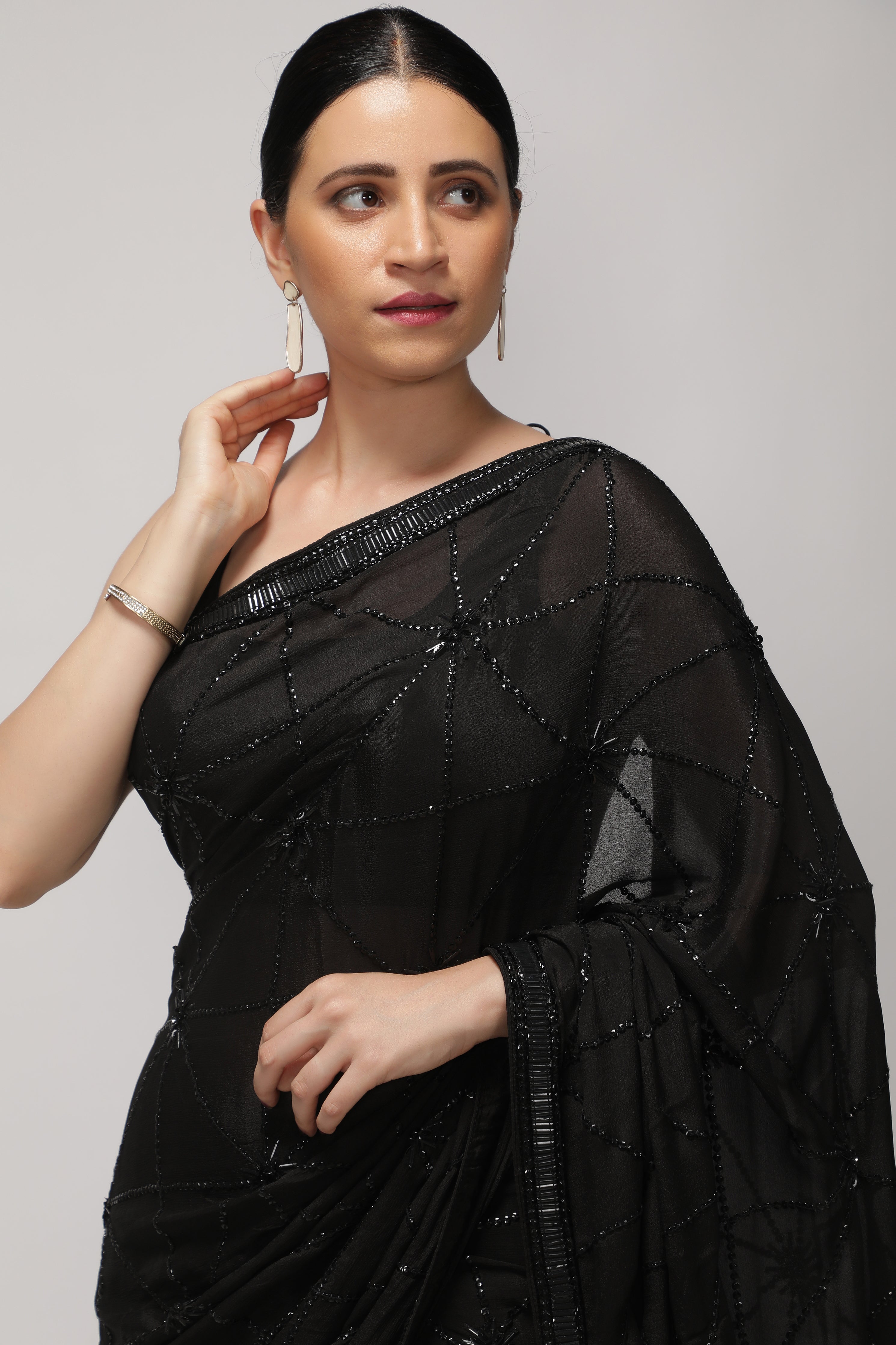 Black Crepe Chiffon Saree with All-Over Sequin Work