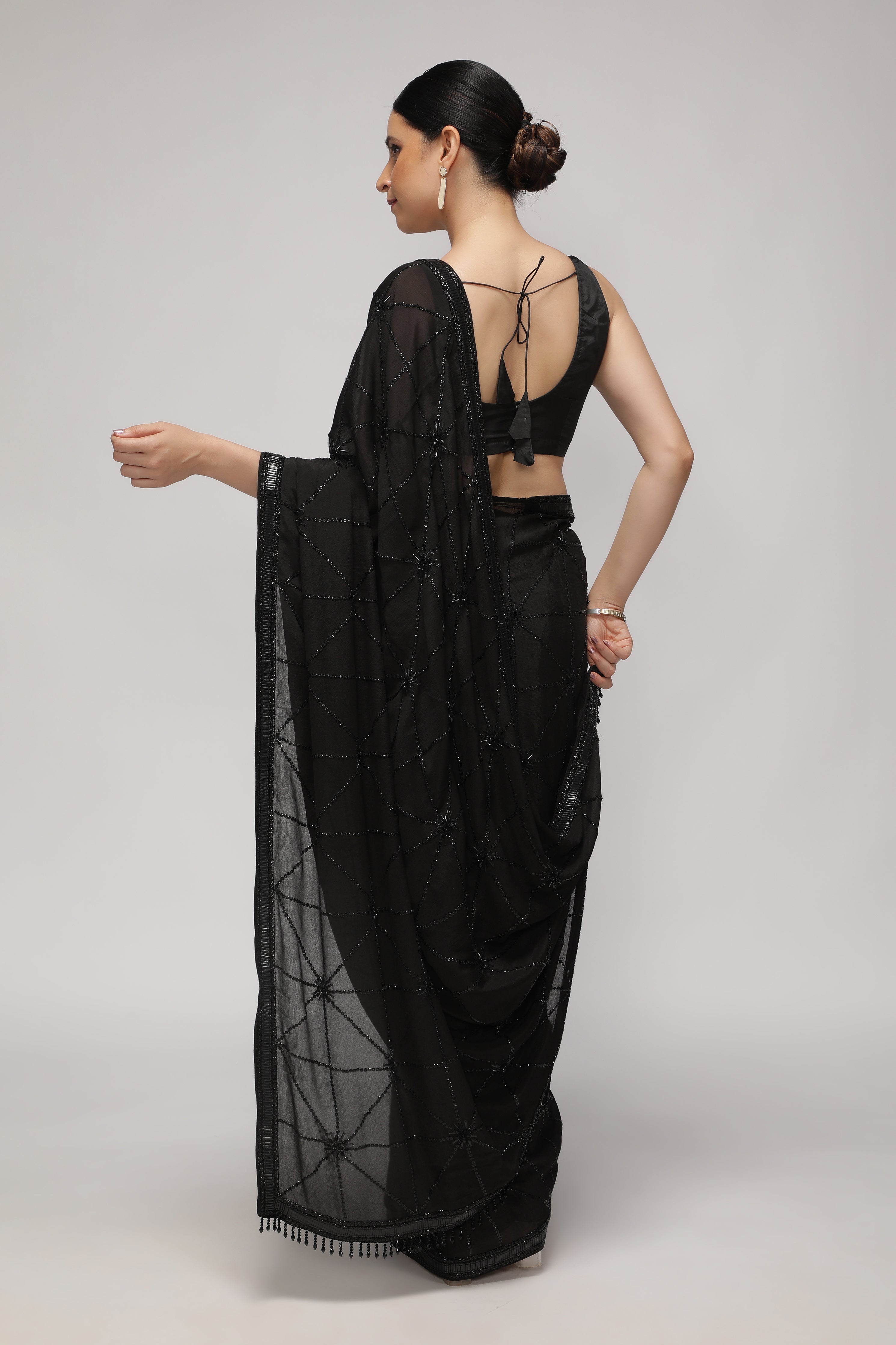 Black Crepe Chiffon Saree with All-Over Sequin Work