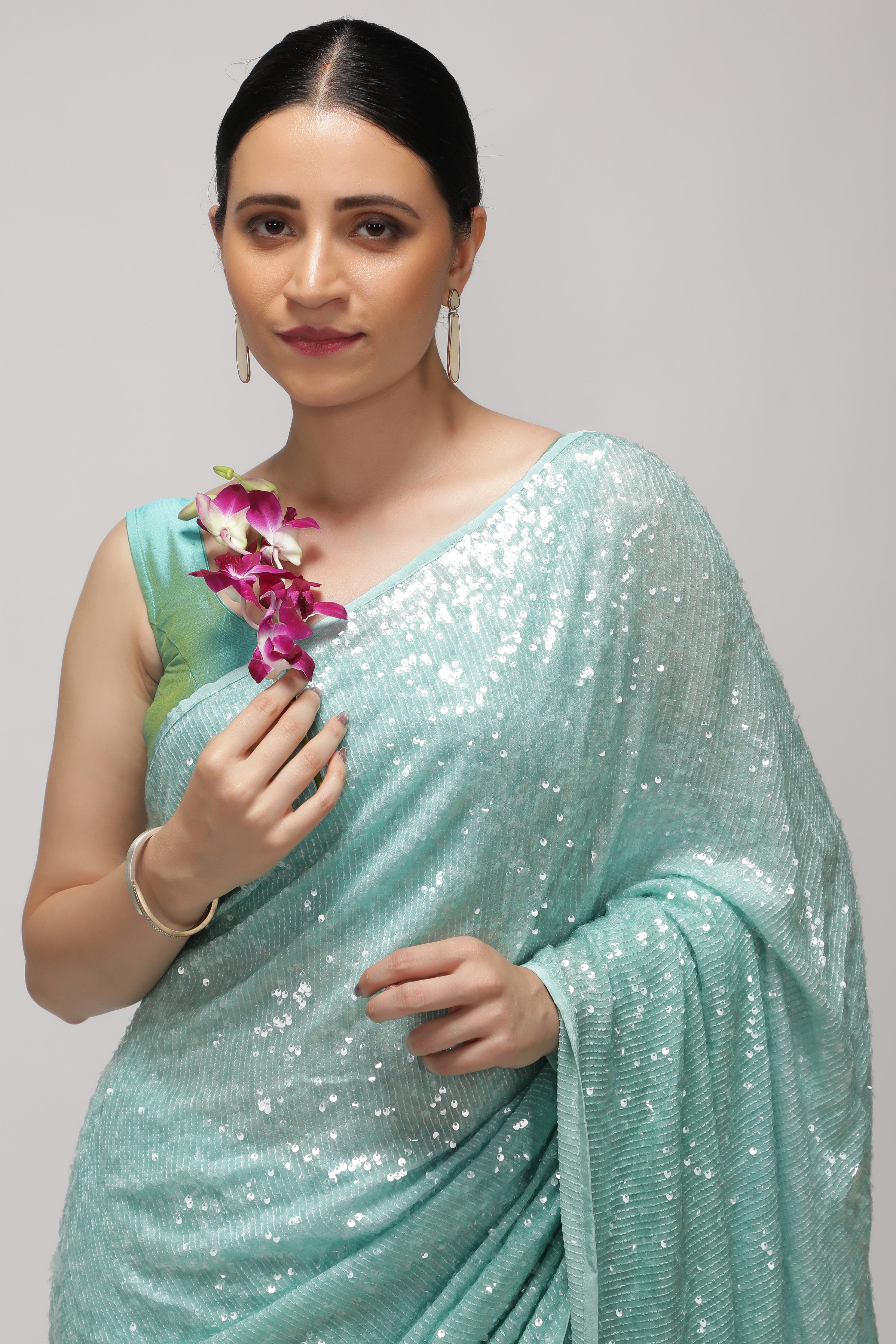 Aqua Blue Georgette Saree with Self Sequins & Thread Work