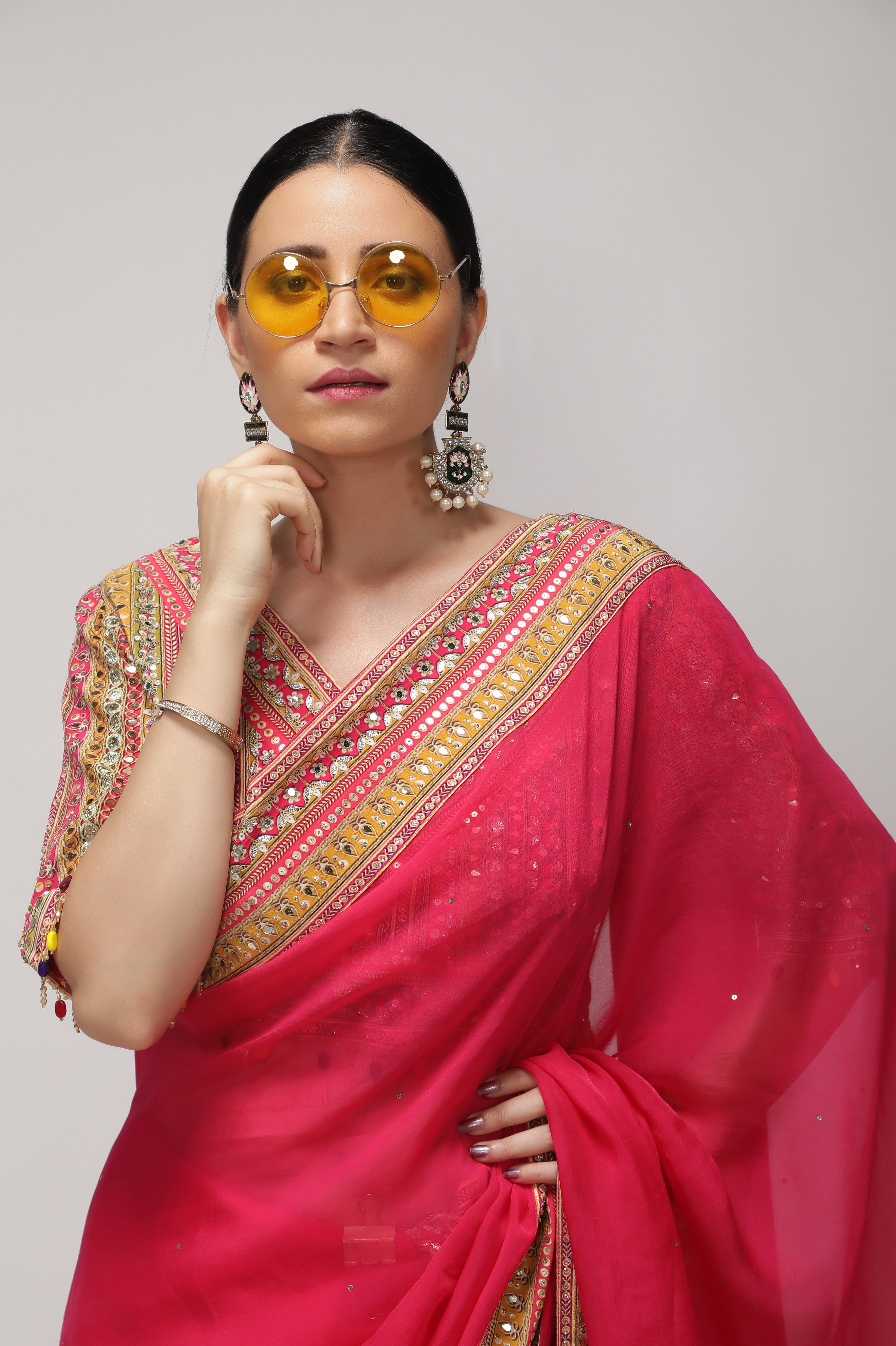 Rani Pink Silk Organza Saree with Sequin Highlights & Mirror Work Border