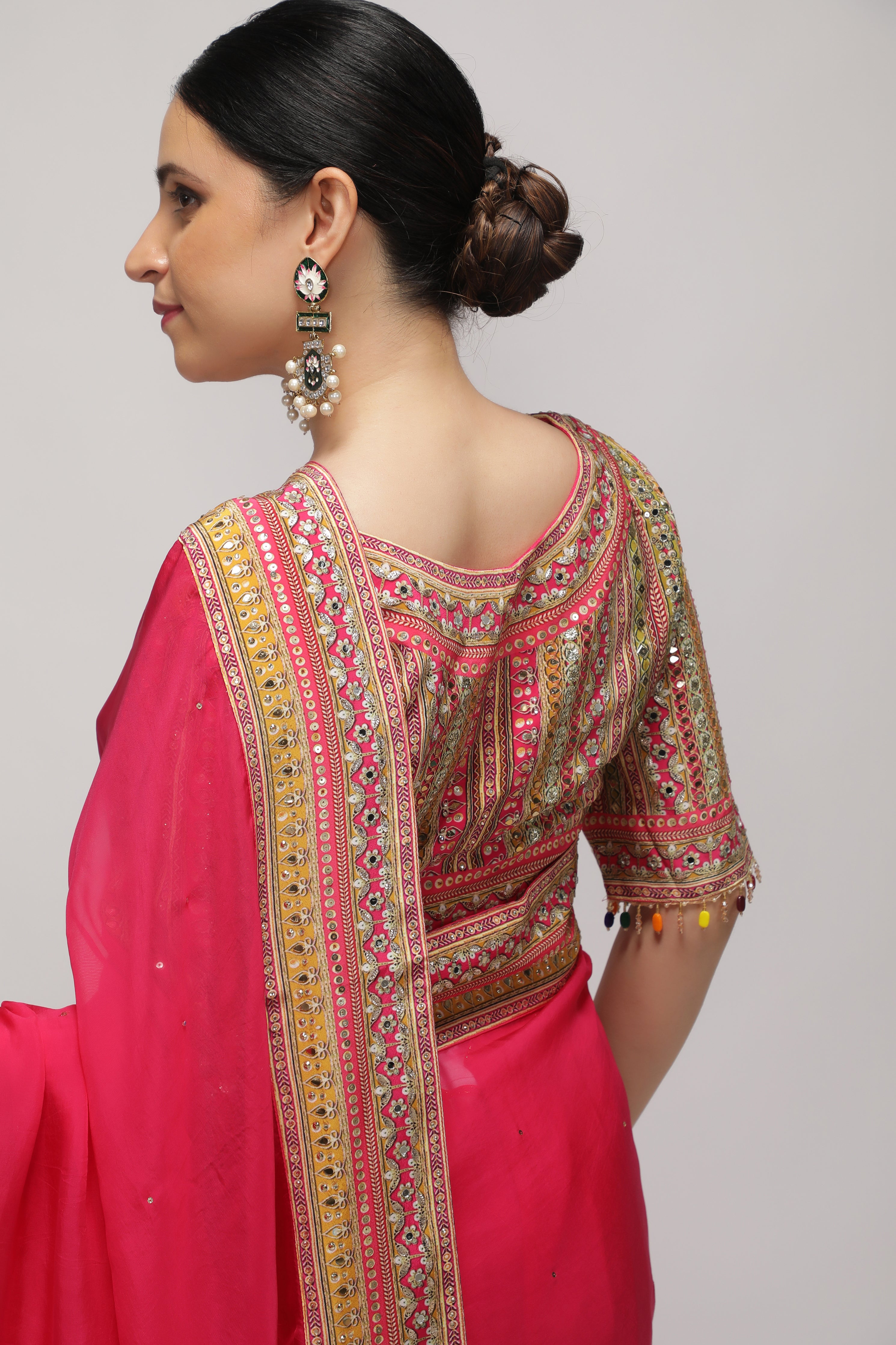 Rani Pink Silk Organza Saree with Sequin Highlights & Mirror Work Border