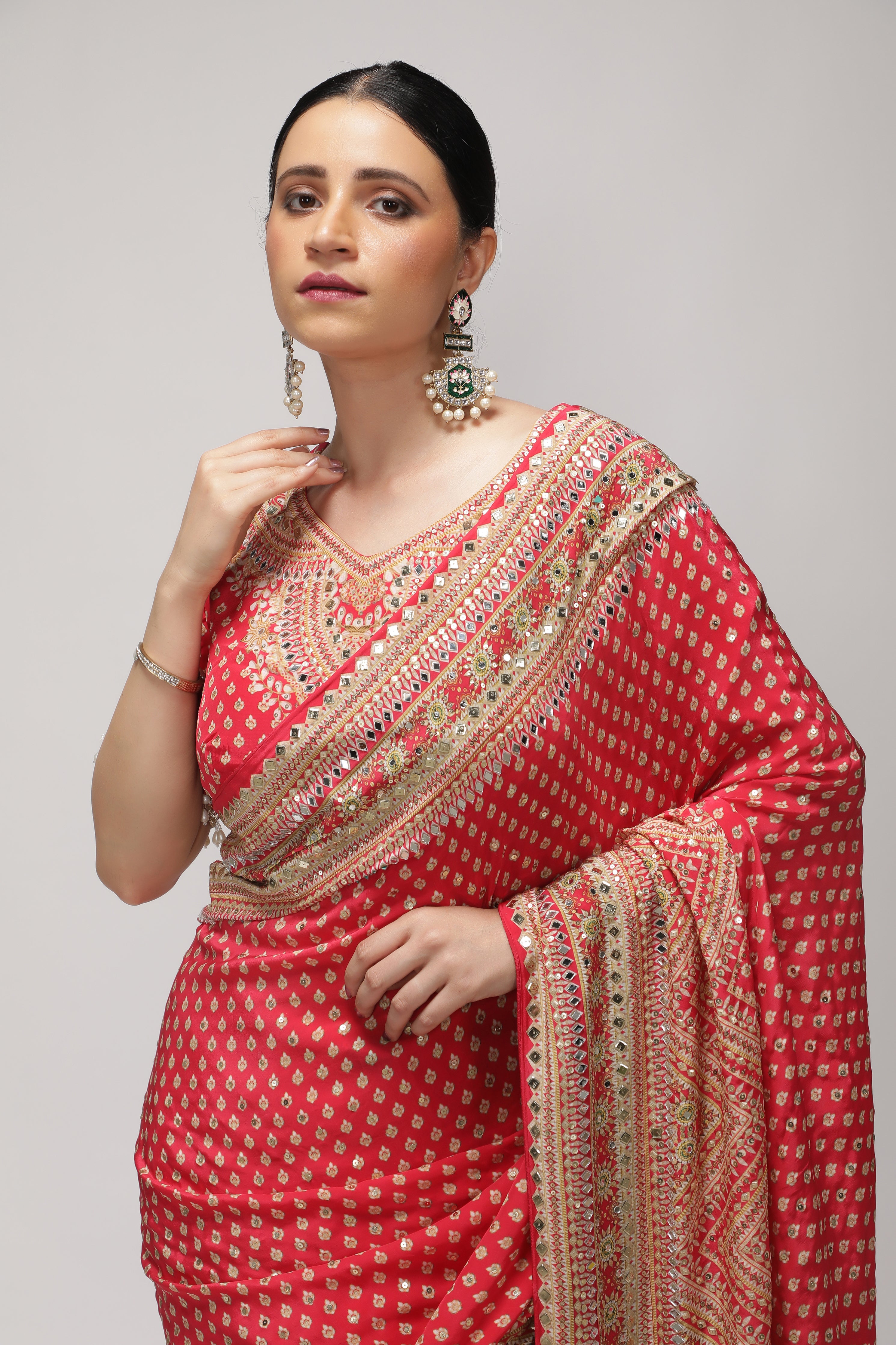 Maroonish Red Satin Silk Saree with All-Over Print, Sequin & Mirror Work