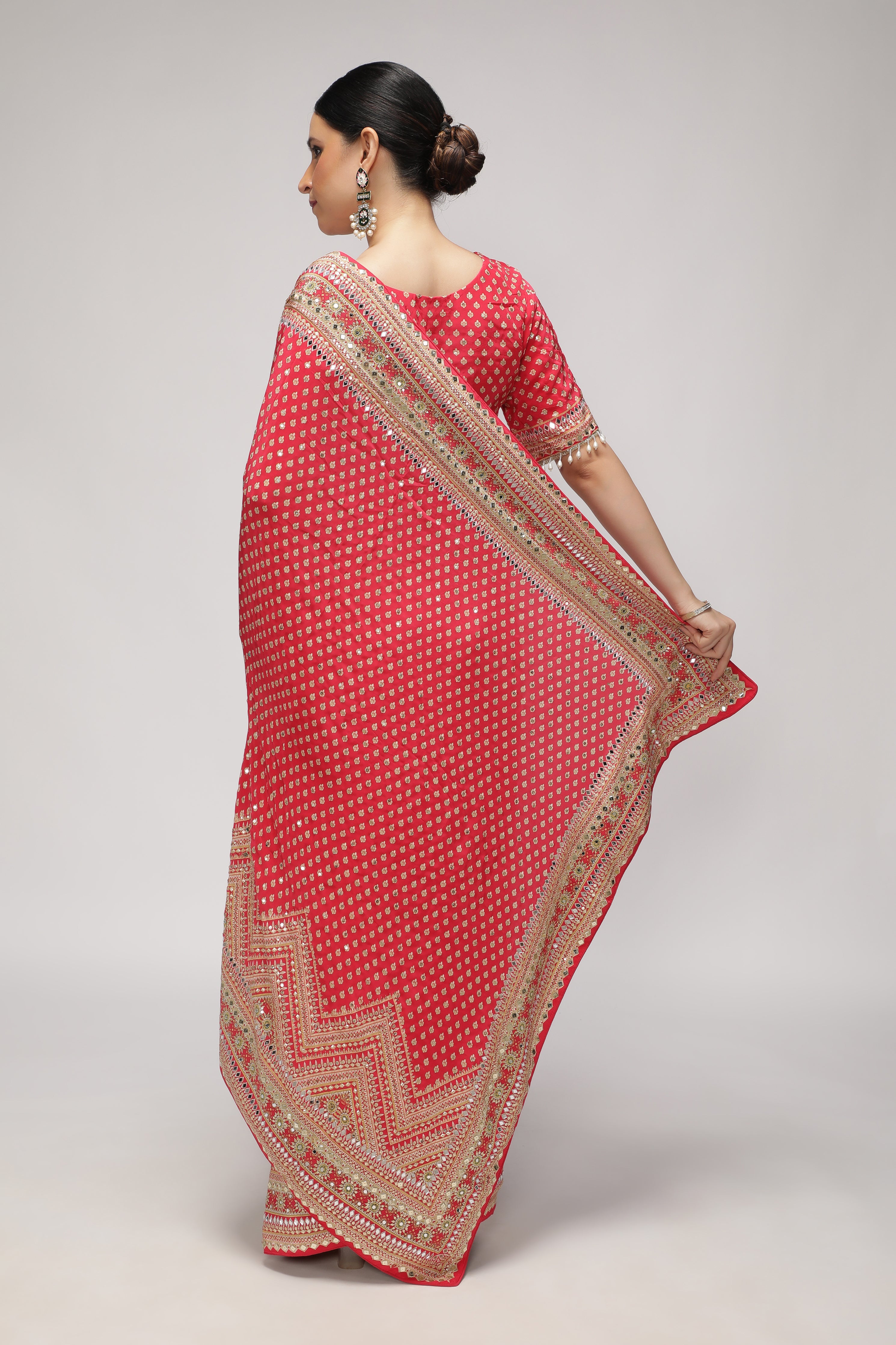 Maroonish Red Satin Silk Saree with All-Over Print, Sequin & Mirror Work
