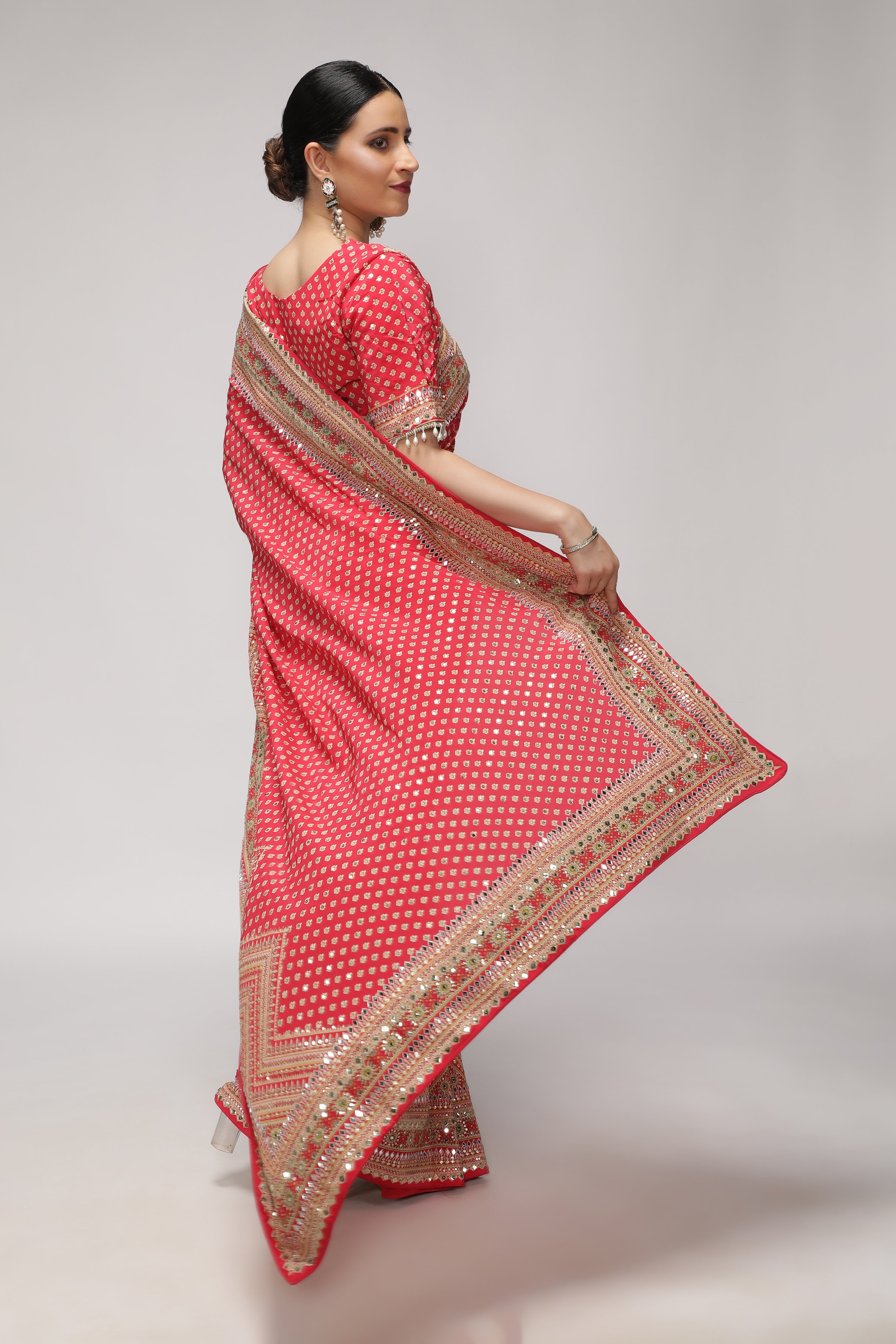 Maroonish Red Satin Silk Saree with All-Over Print, Sequin & Mirror Work