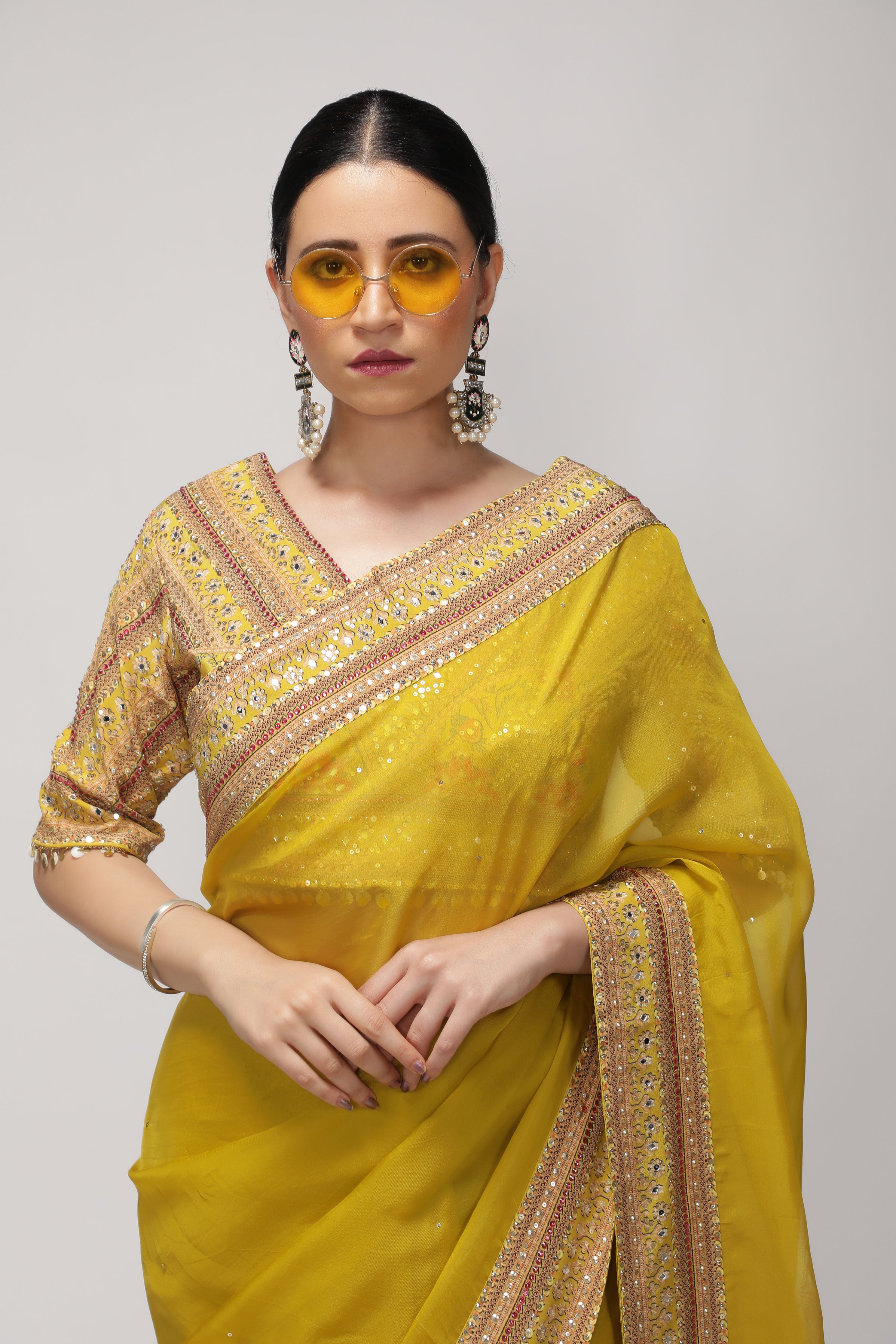 Yellow Silk Organza Saree with Sequin Highlights & Mirror Work Border