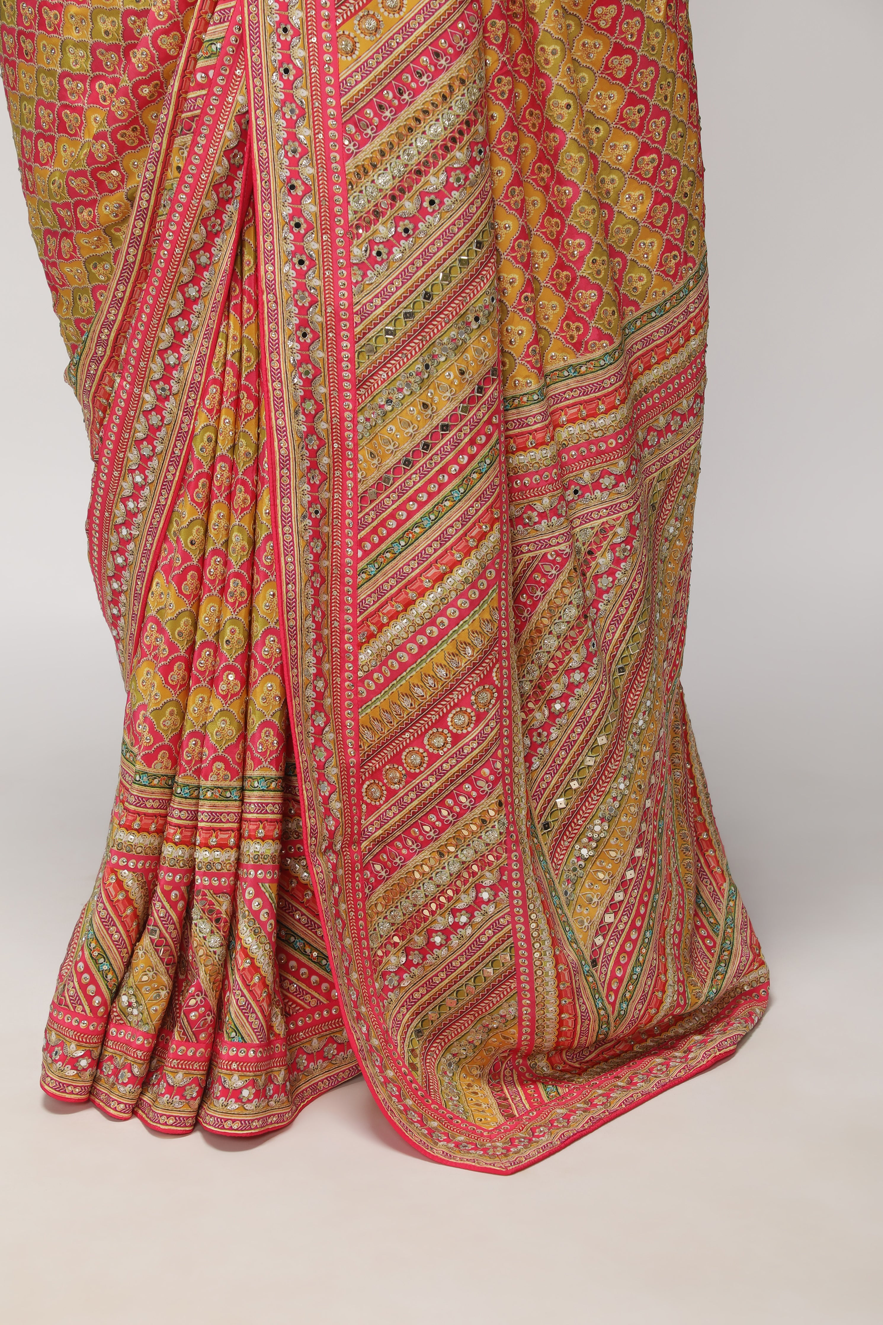 Multicolor Satin Silk Saree with All-Over Print & Sequin Embellishments