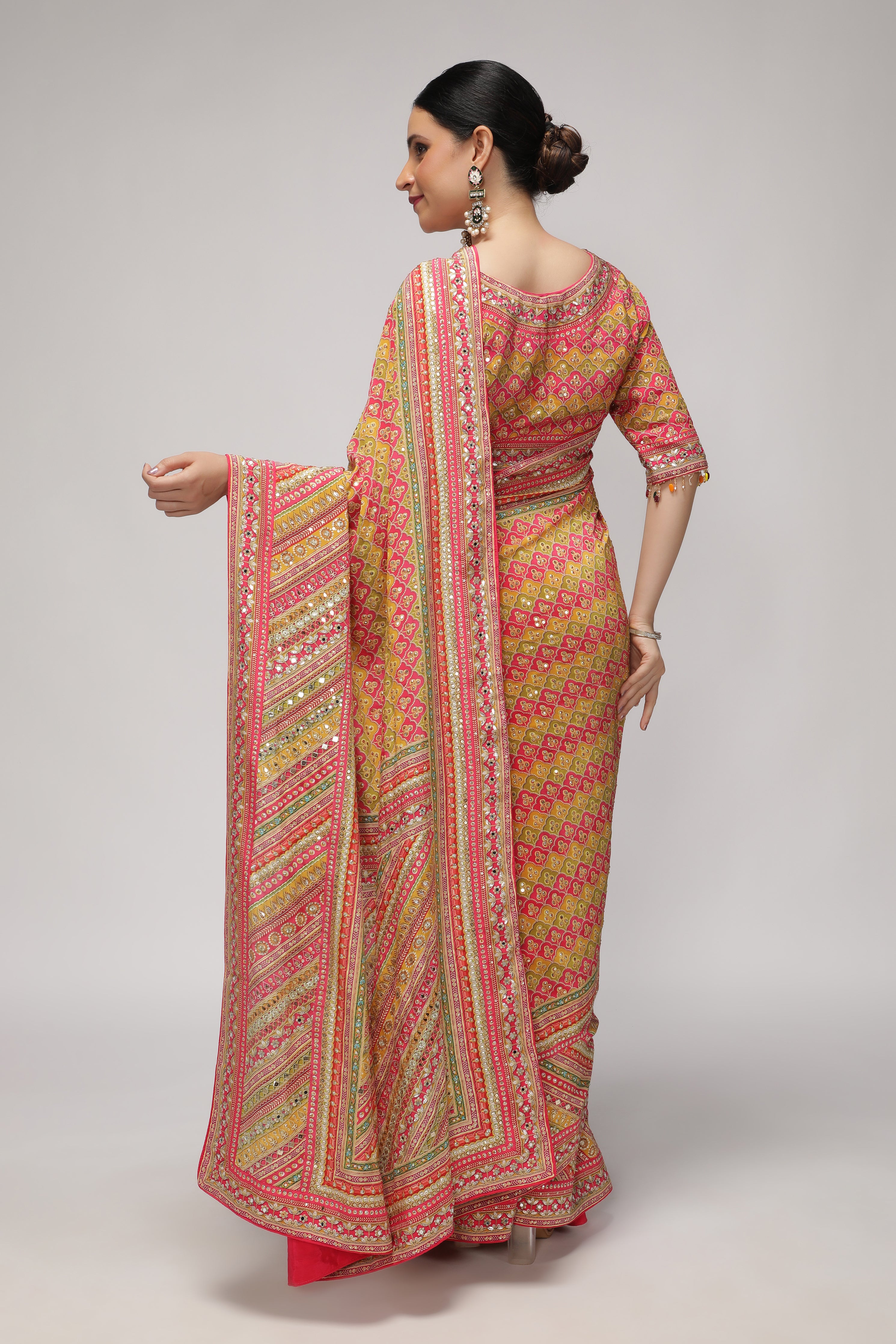 Multicolor Satin Silk Saree with All-Over Print & Sequin Embellishments