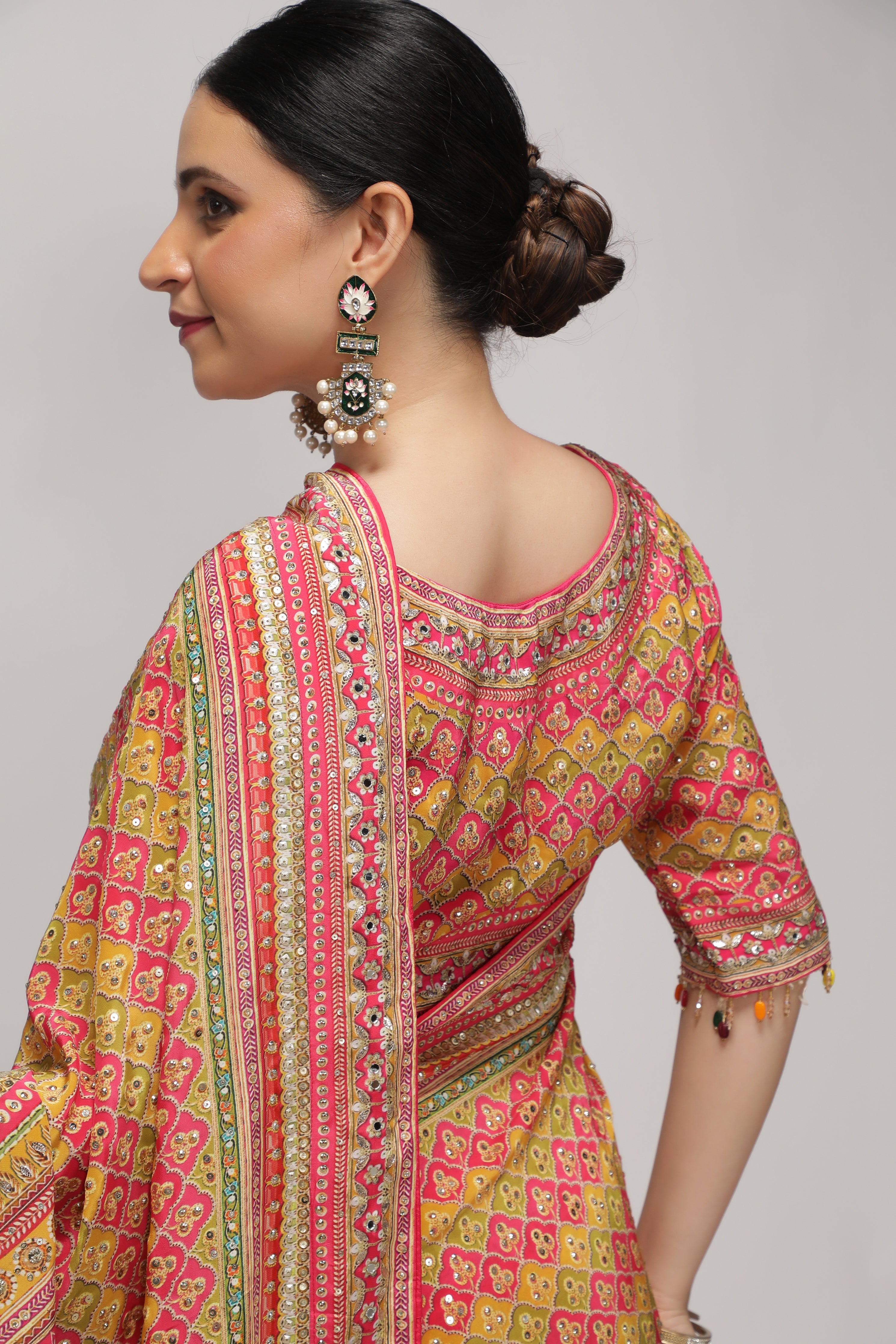Multicolor Satin Silk Saree with All-Over Print & Sequin Embellishments
