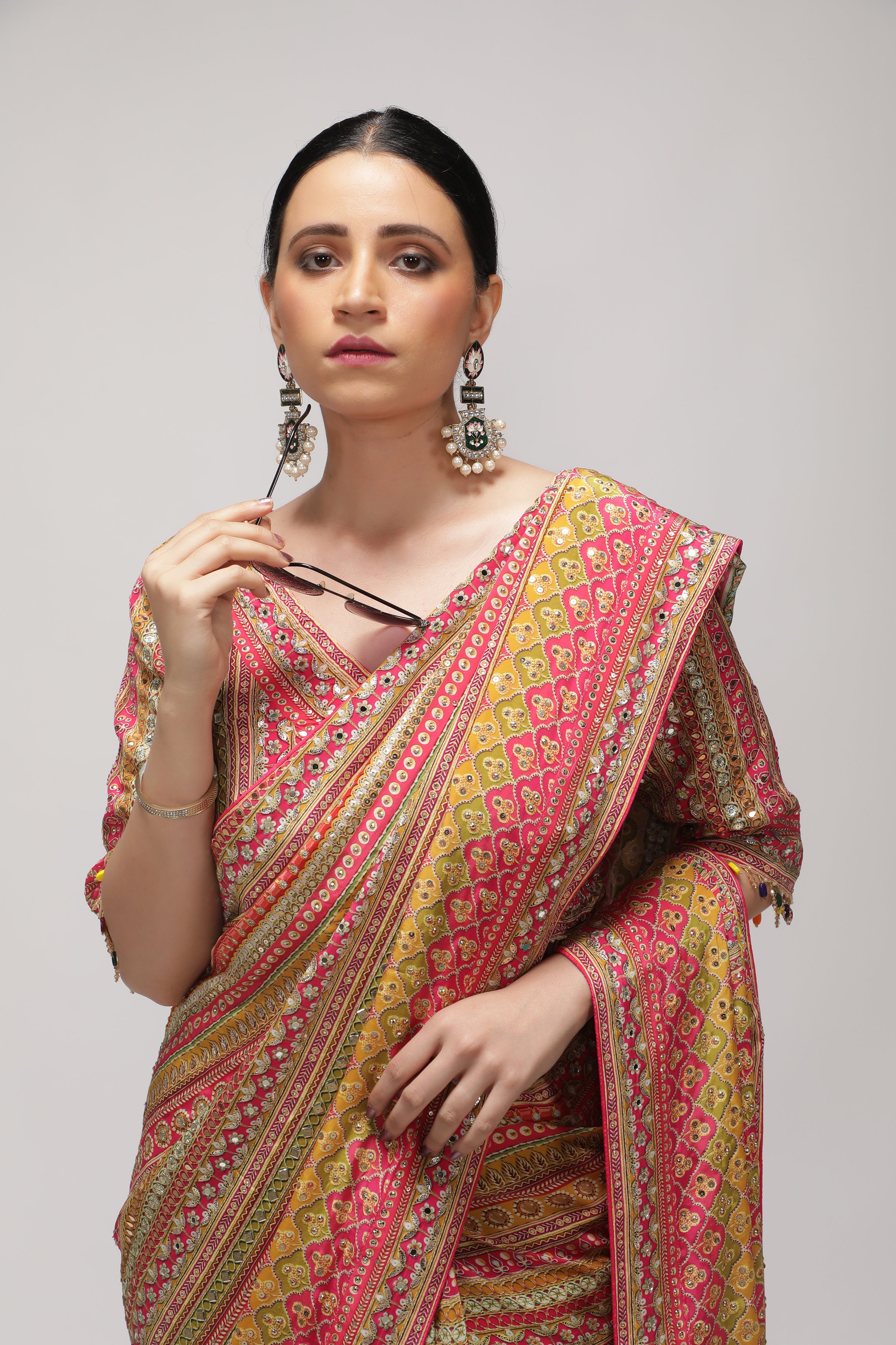 Multicolor Satin Silk Saree with All-Over Print, Sequin & Mirror Work
