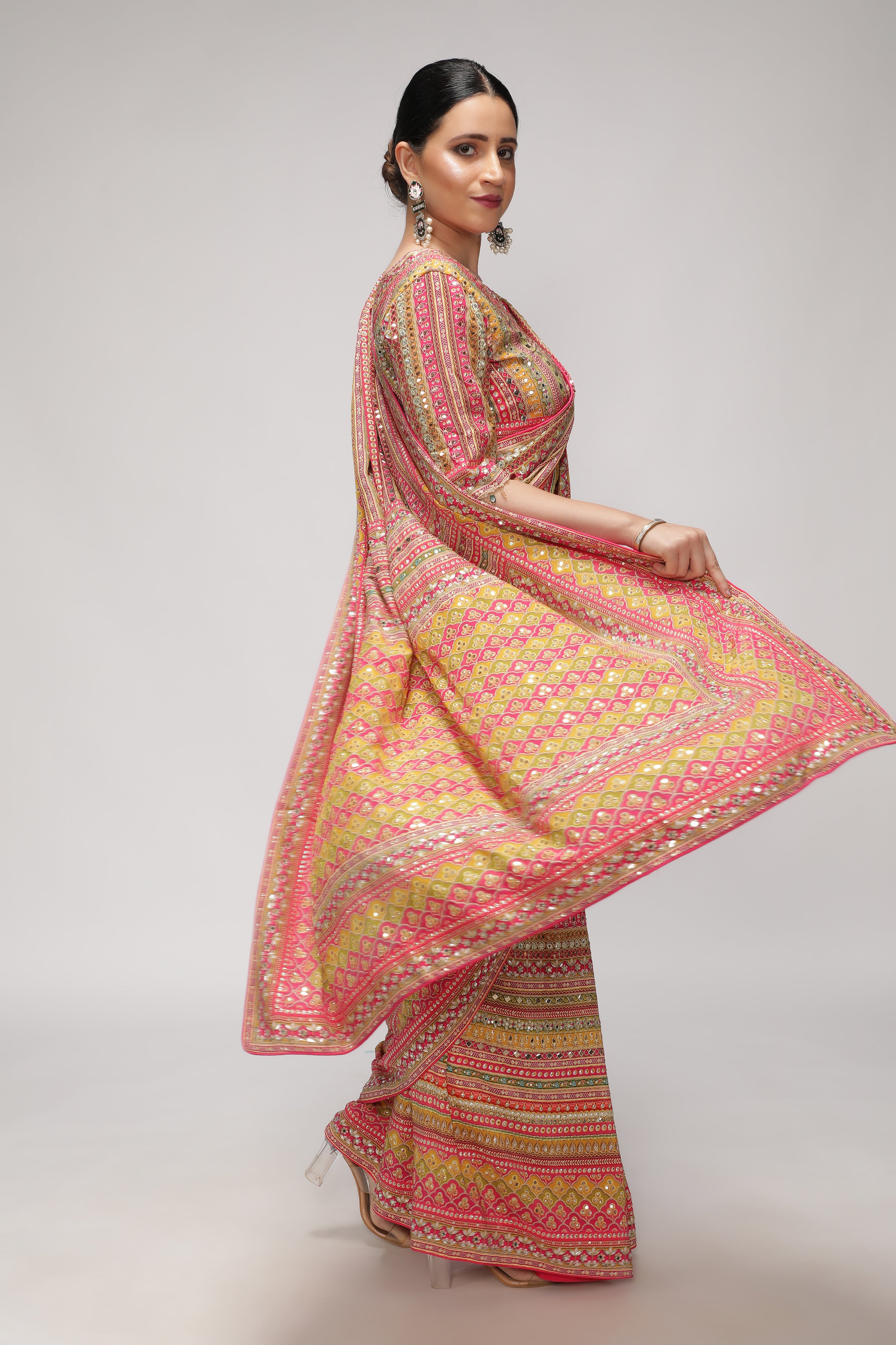 Multicolor Satin Silk Saree with All-Over Print, Sequin & Mirror Work
