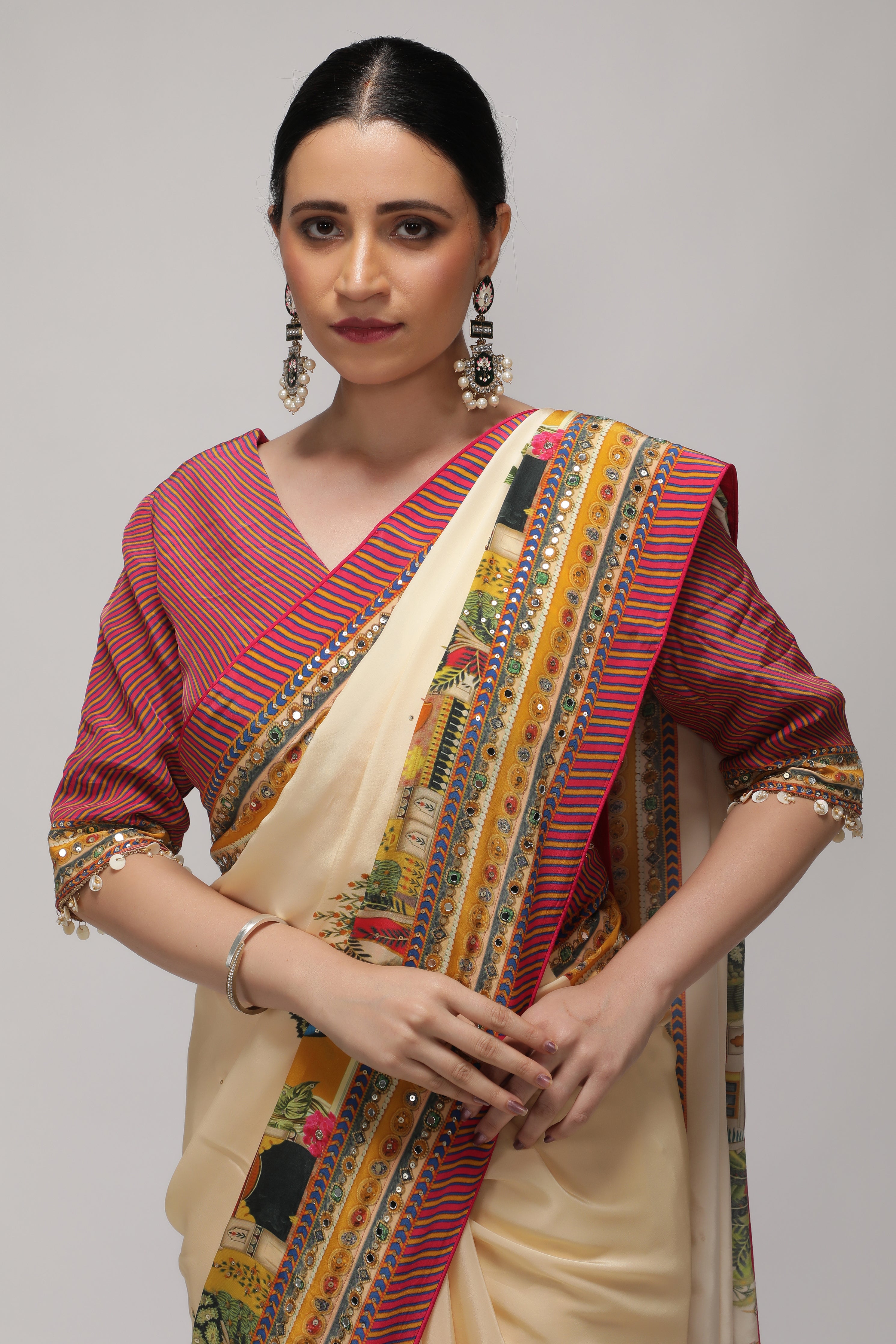 Cream Satin Silk Saree with Multicolor Printed Border