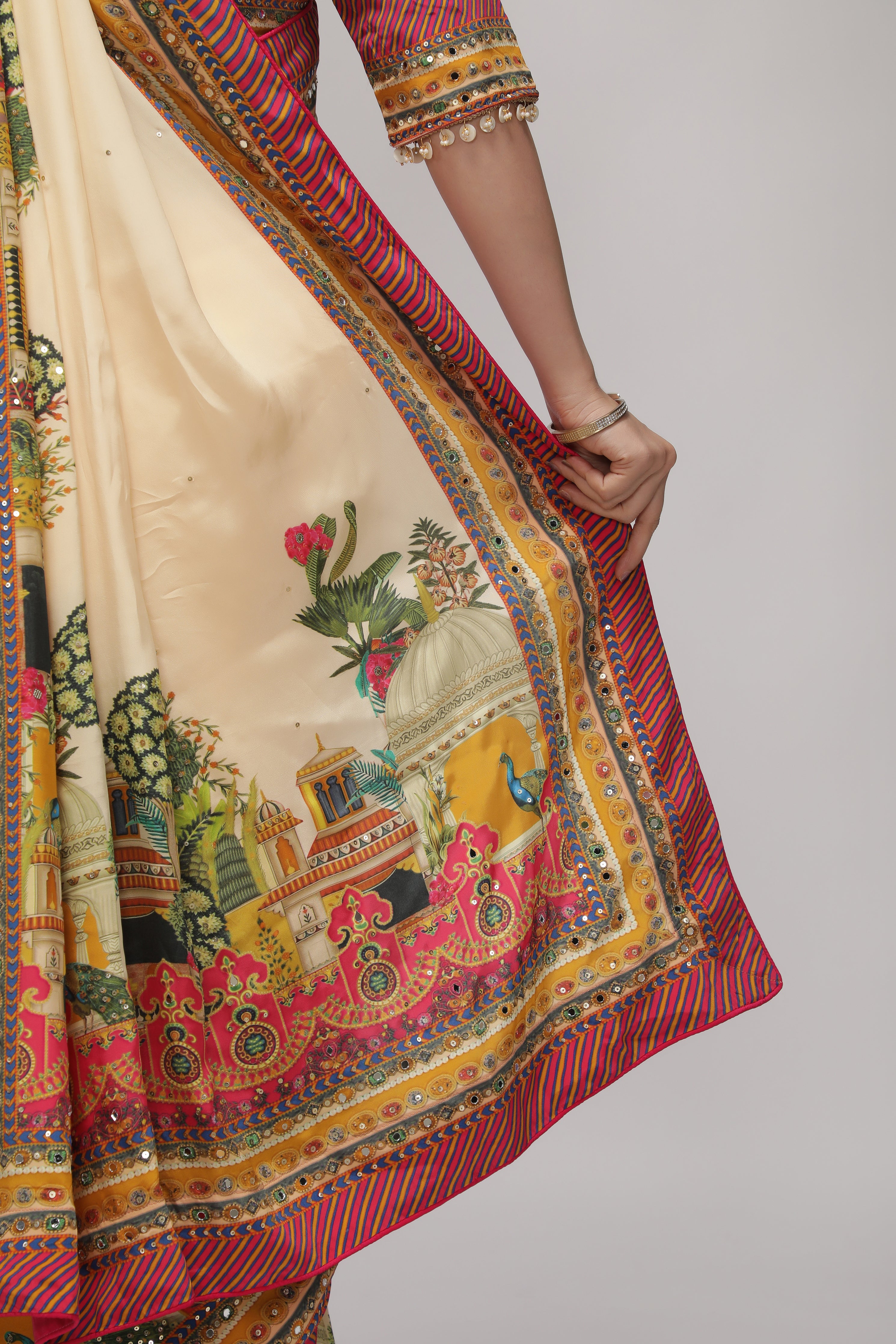 Cream Satin Silk Saree with Multicolor Printed Border