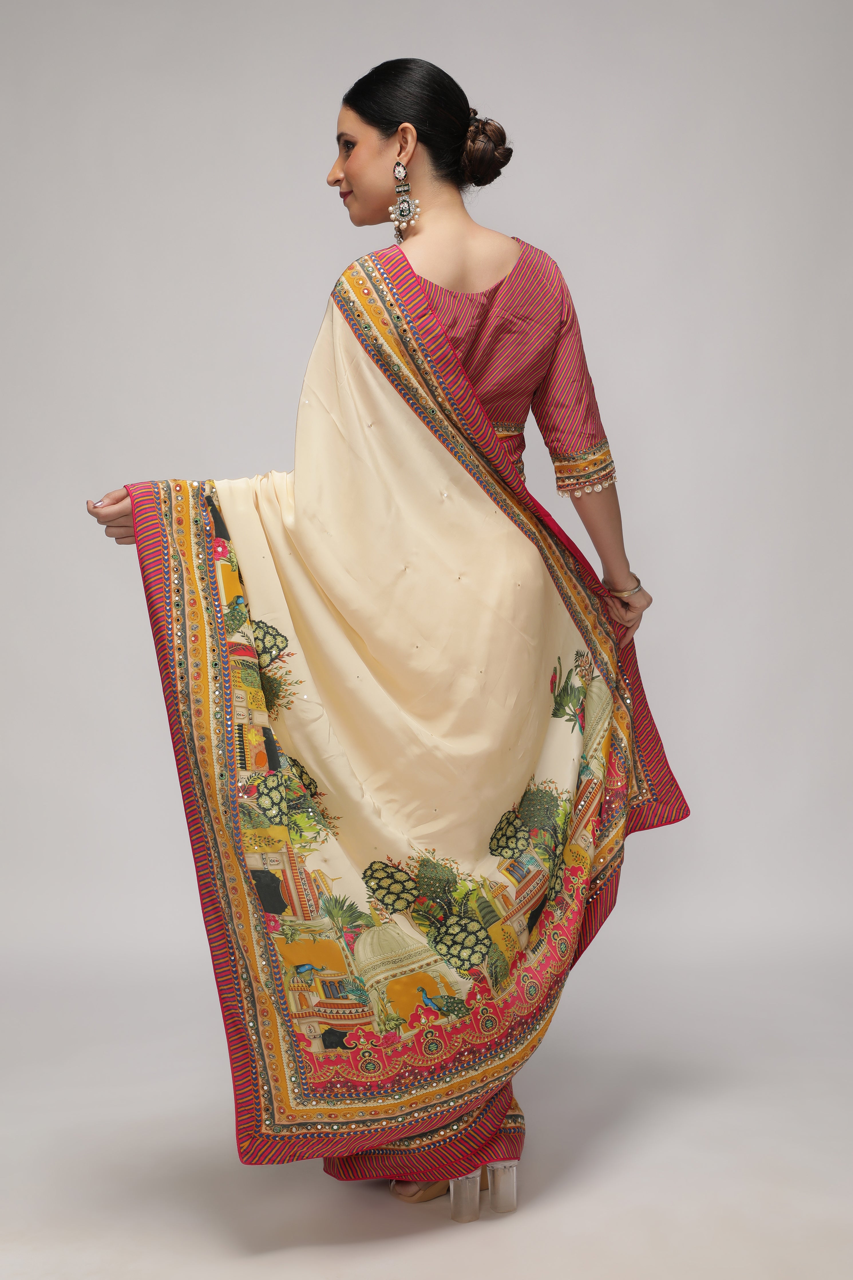 Cream Satin Silk Saree with Multicolor Printed Border