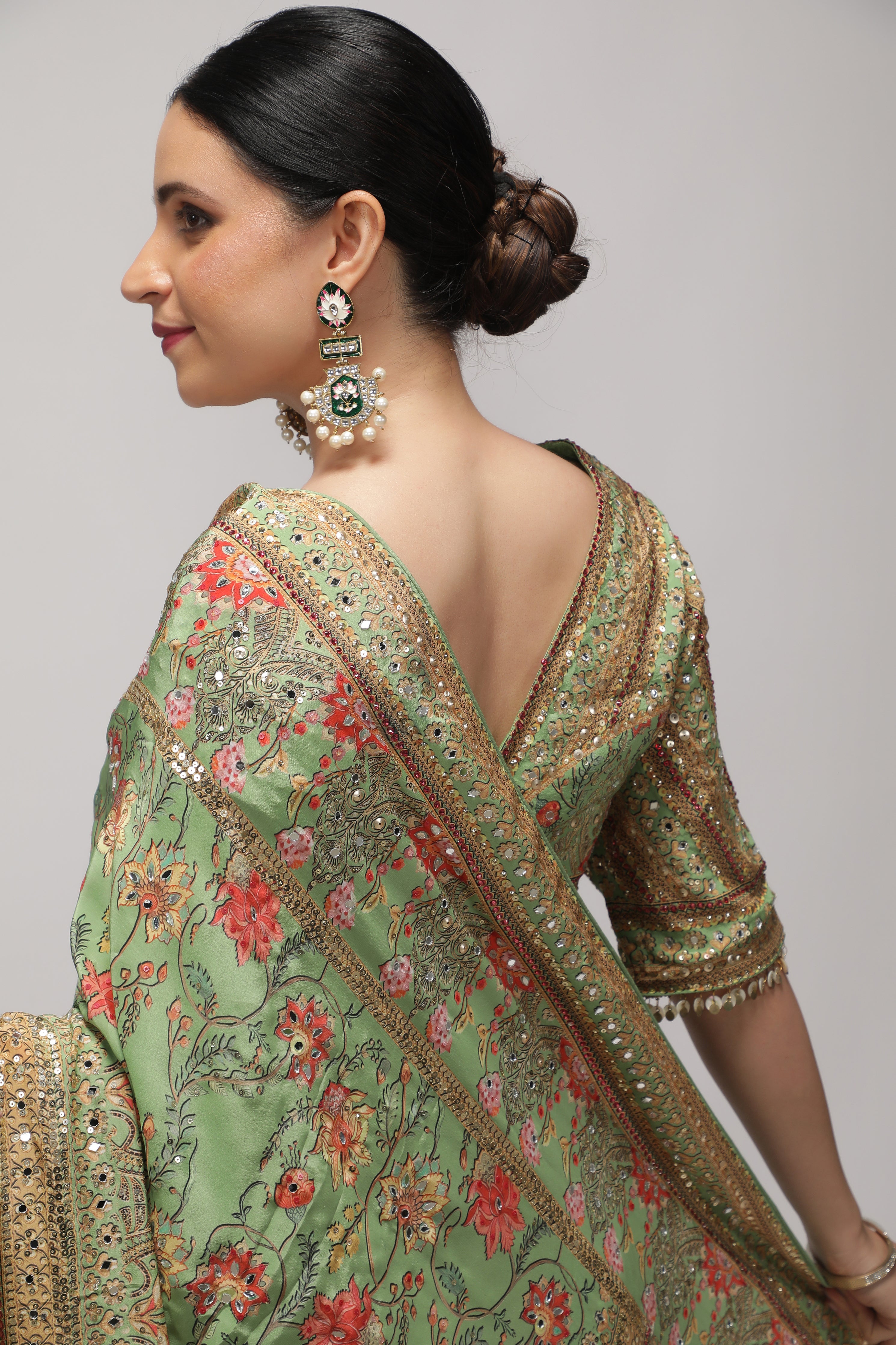 Green Satin Silk Saree with All-Over Print, Sequin & Mirror Work